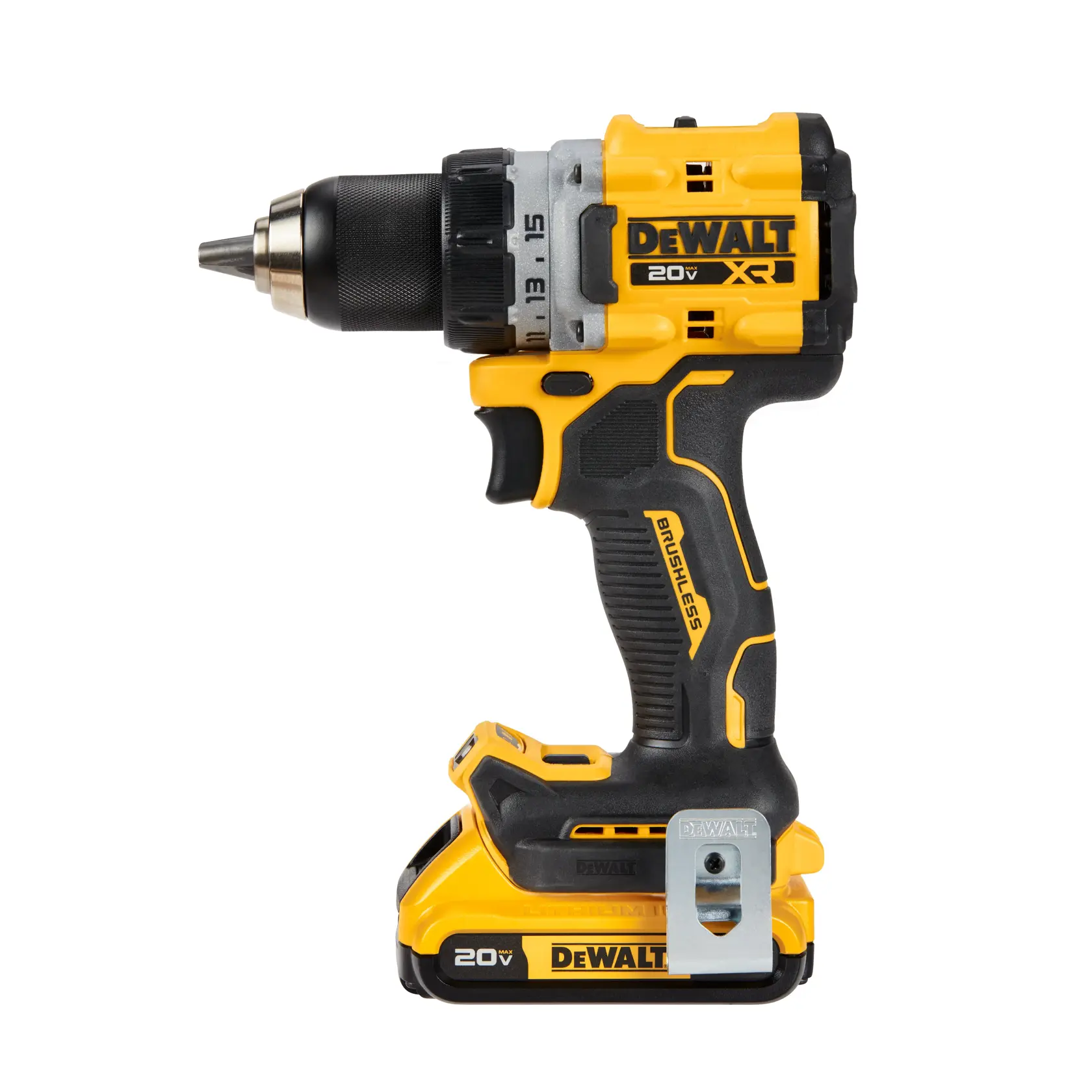 A DEWALT 20V XR brushless cordless drill with a black and yellow design, shown standing upright with its battery attached.
