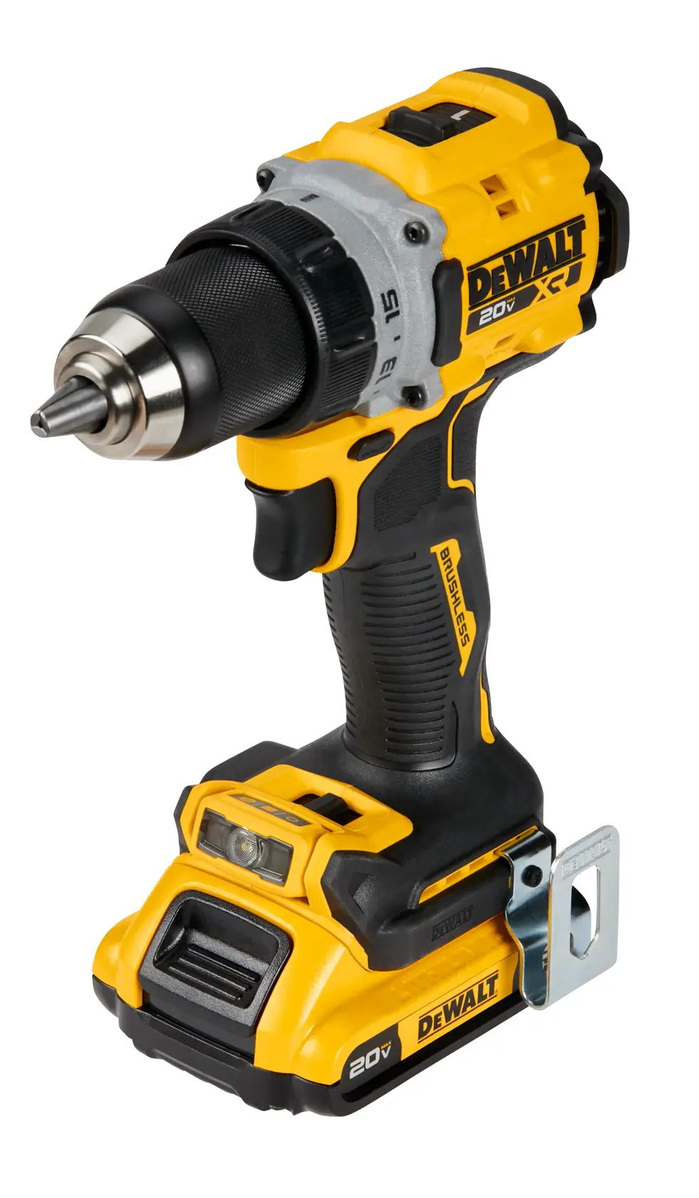 Cordless DEWALT power drill with a yellow and black design, featuring a 20V battery, ergonomic grip, metal belt clip, and adjustable settings, photographed on a white background.