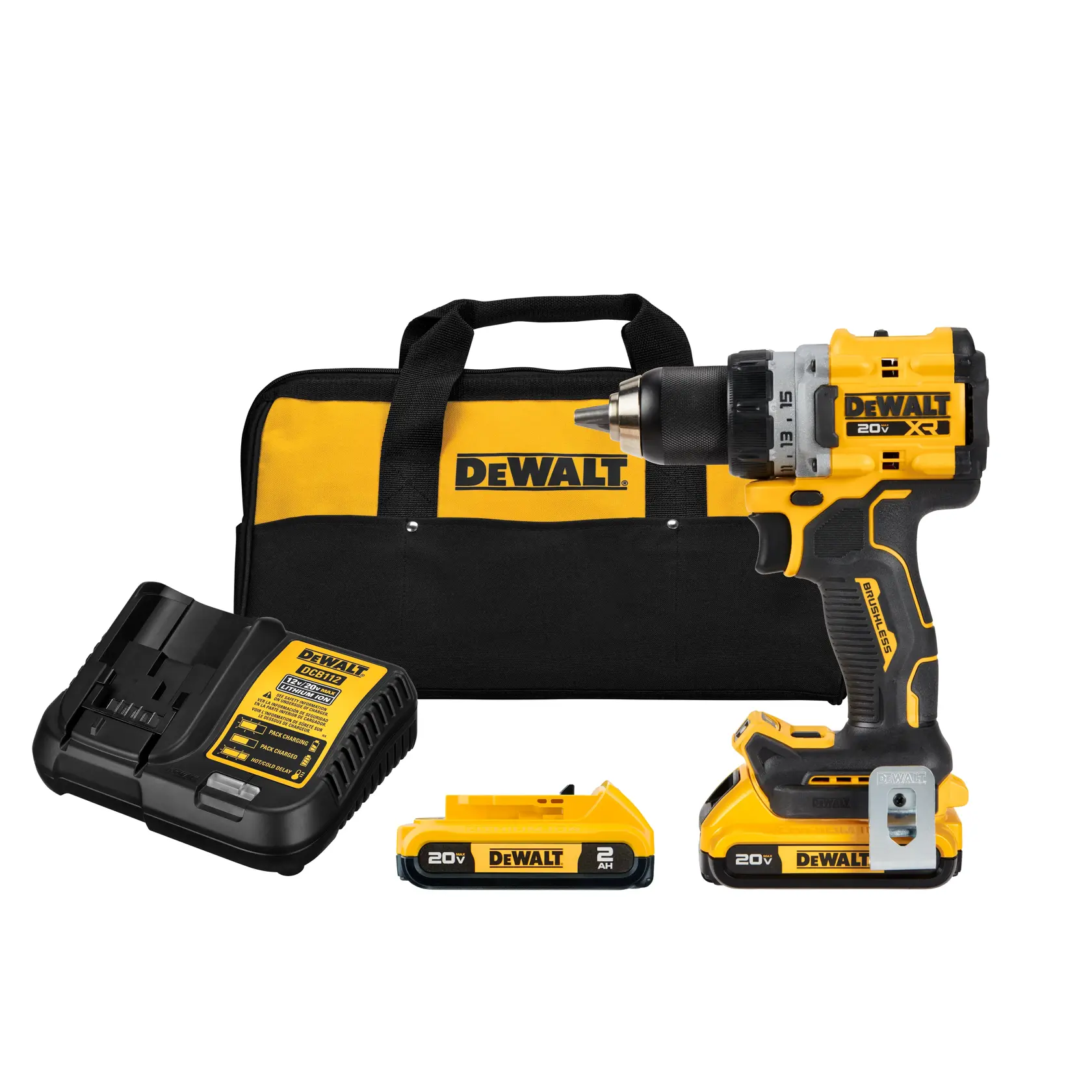 A DEWALT cordless drill kit featuring a yellow and black drill, two 20V lithium-ion batteries, a battery charger, and a black and yellow carrying bag with the DEWALT logo.