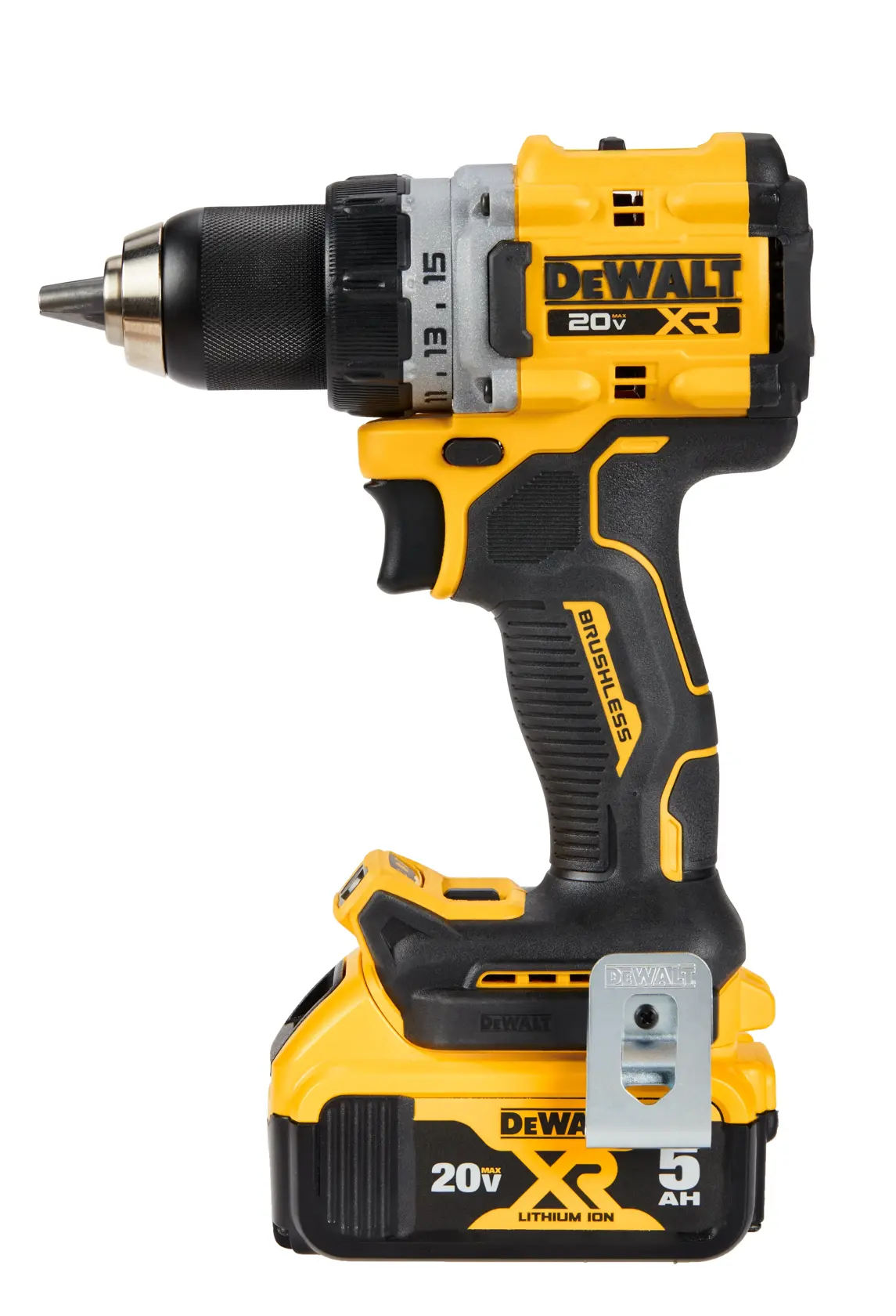 A DEWALT 20V XR cordless drill with brushless motor and 5Ah lithium-ion battery, shown standing upright on a white background.