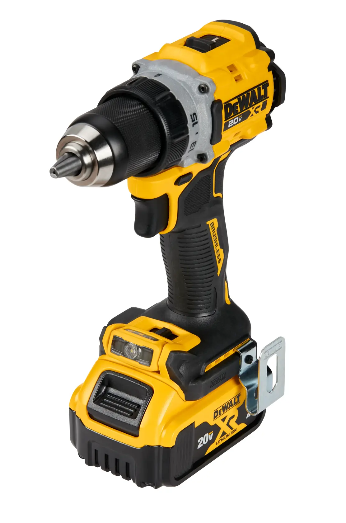 A DEWALT 20V cordless power drill with a black and yellow design, shown standing upright with the battery attached.