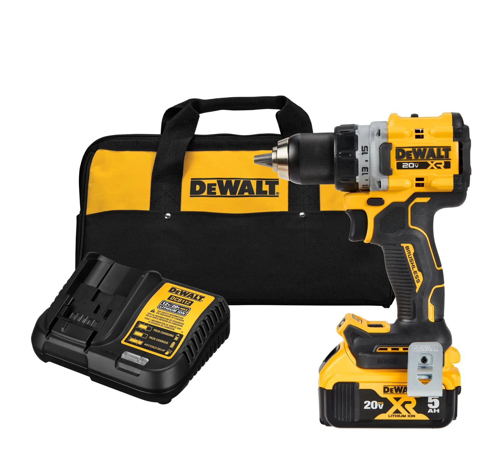 A DEWALT 20V XR cordless drill kit, including a yellow and black drill, lithium-ion battery, charger, and a matching carrying bag.
