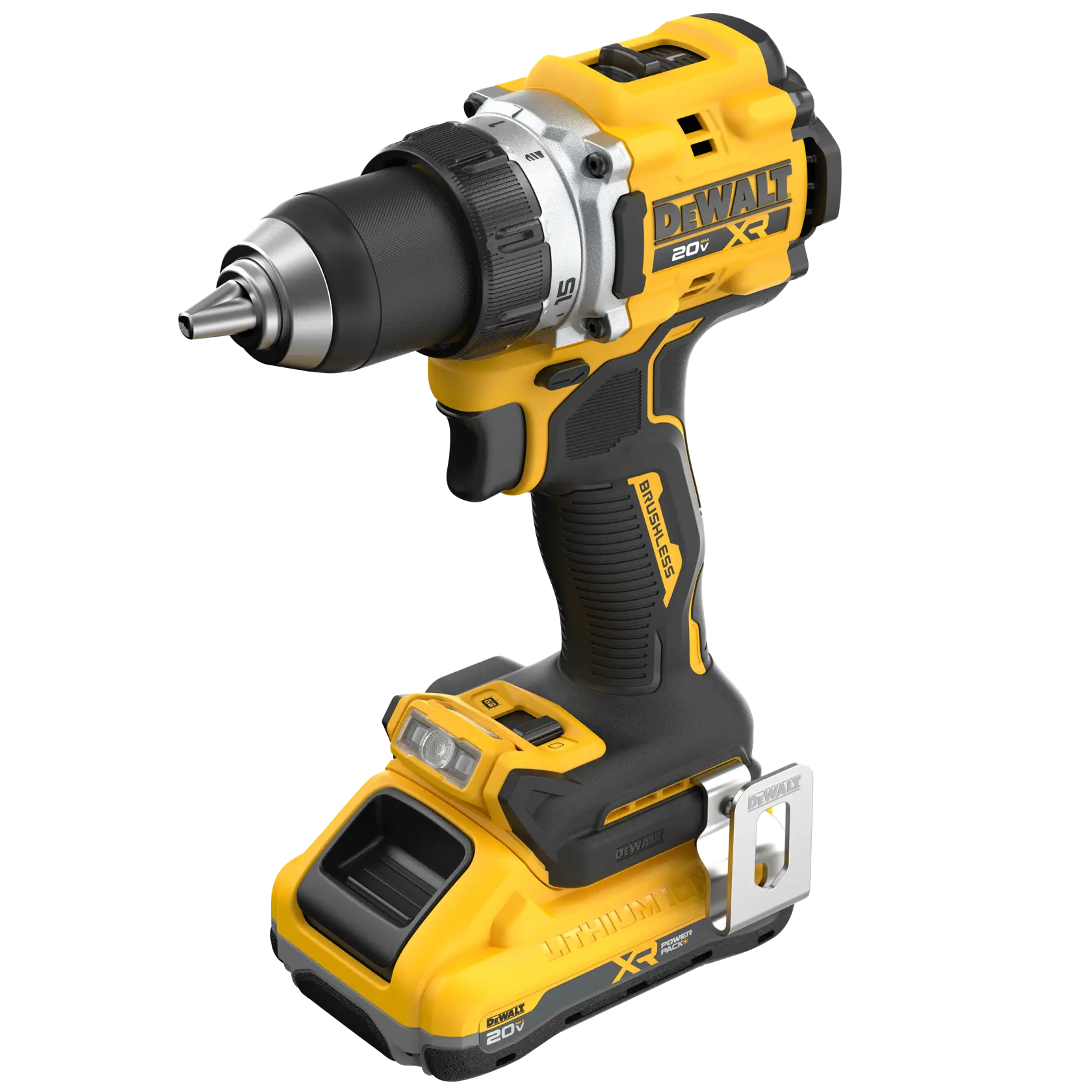 A yellow and black DEWALT cordless drill with a 20V XR lithium battery, featuring a brushless motor and ergonomic grip.