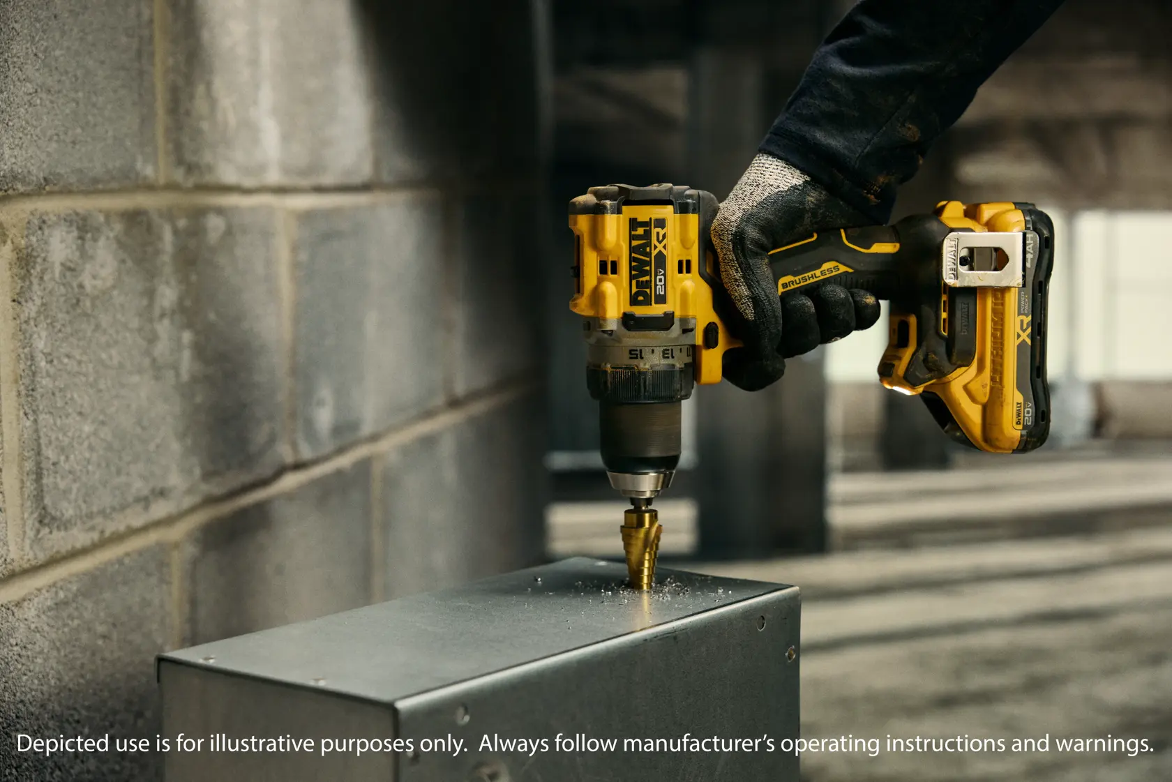 A person wearing a glove is using a yellow and black DEWALT cordless drill to drill into a metal surface in an industrial setting.