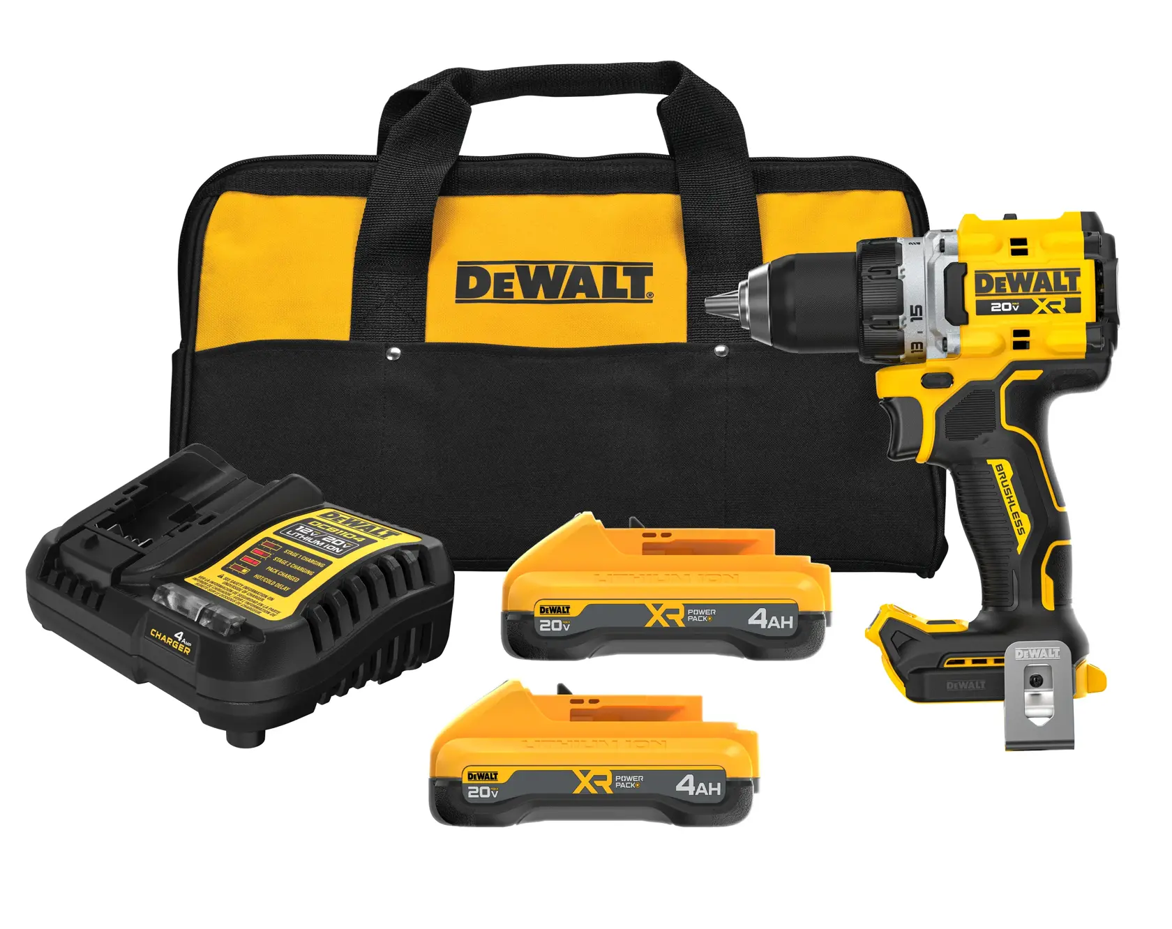 DEWALT cordless drill kit including a yellow and black drill, two 20V XR lithium-ion batteries, a battery charger, and a black and yellow carrying bag with the DEWALT logo.