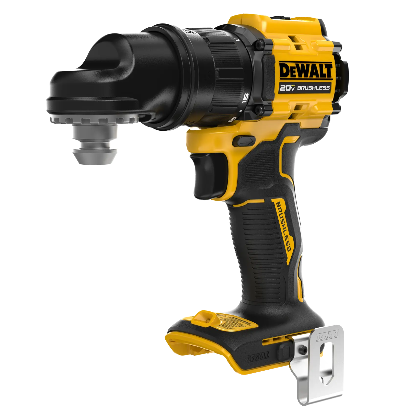 A DEWALT 20V brushless cordless right angle drill, featuring a yellow and black ergonomic handle and a metal belt clip.