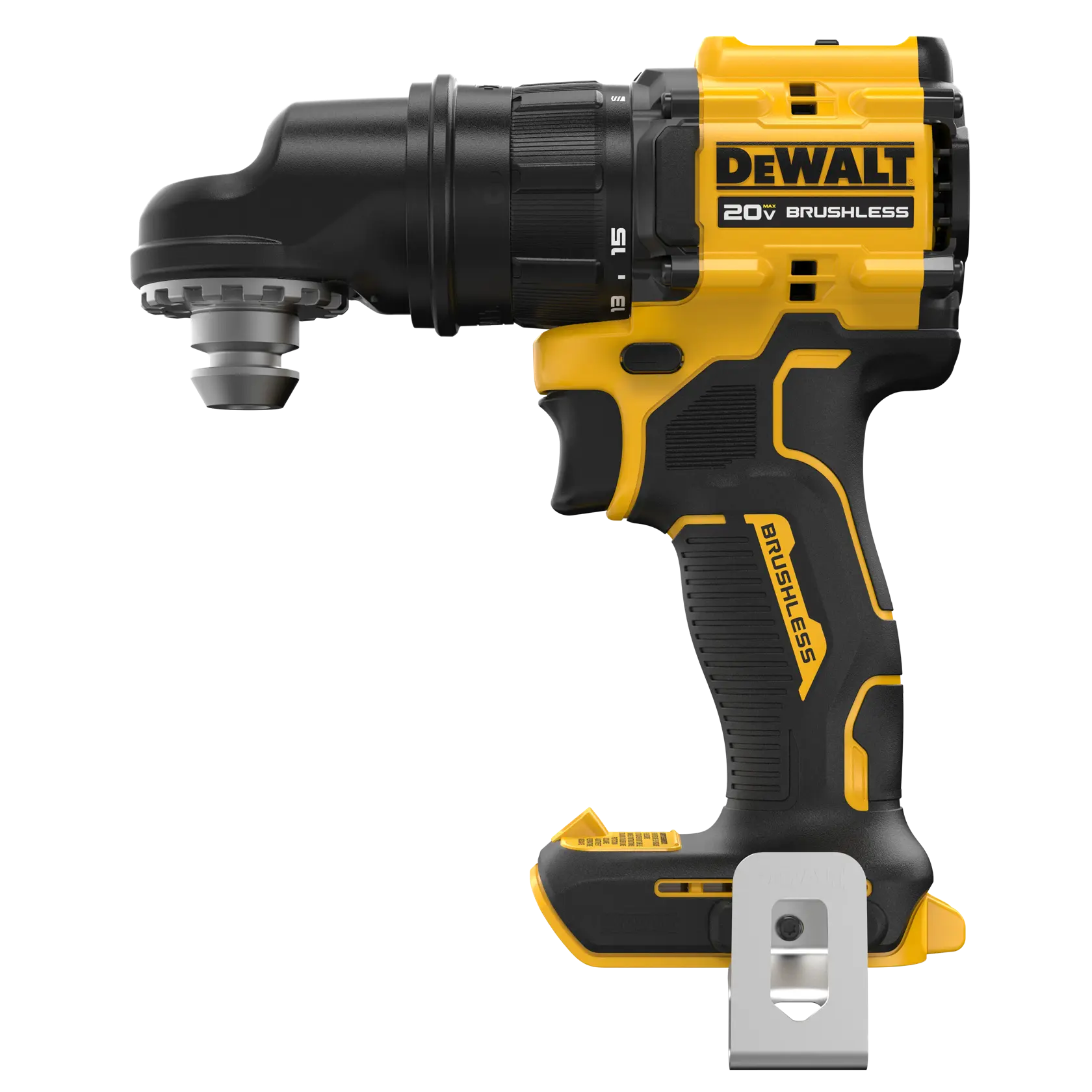 A DEWALT 20V brushless cordless drill with an angled head attachment, shown in yellow and black colors. The tool is designed for precision work in tight spaces.