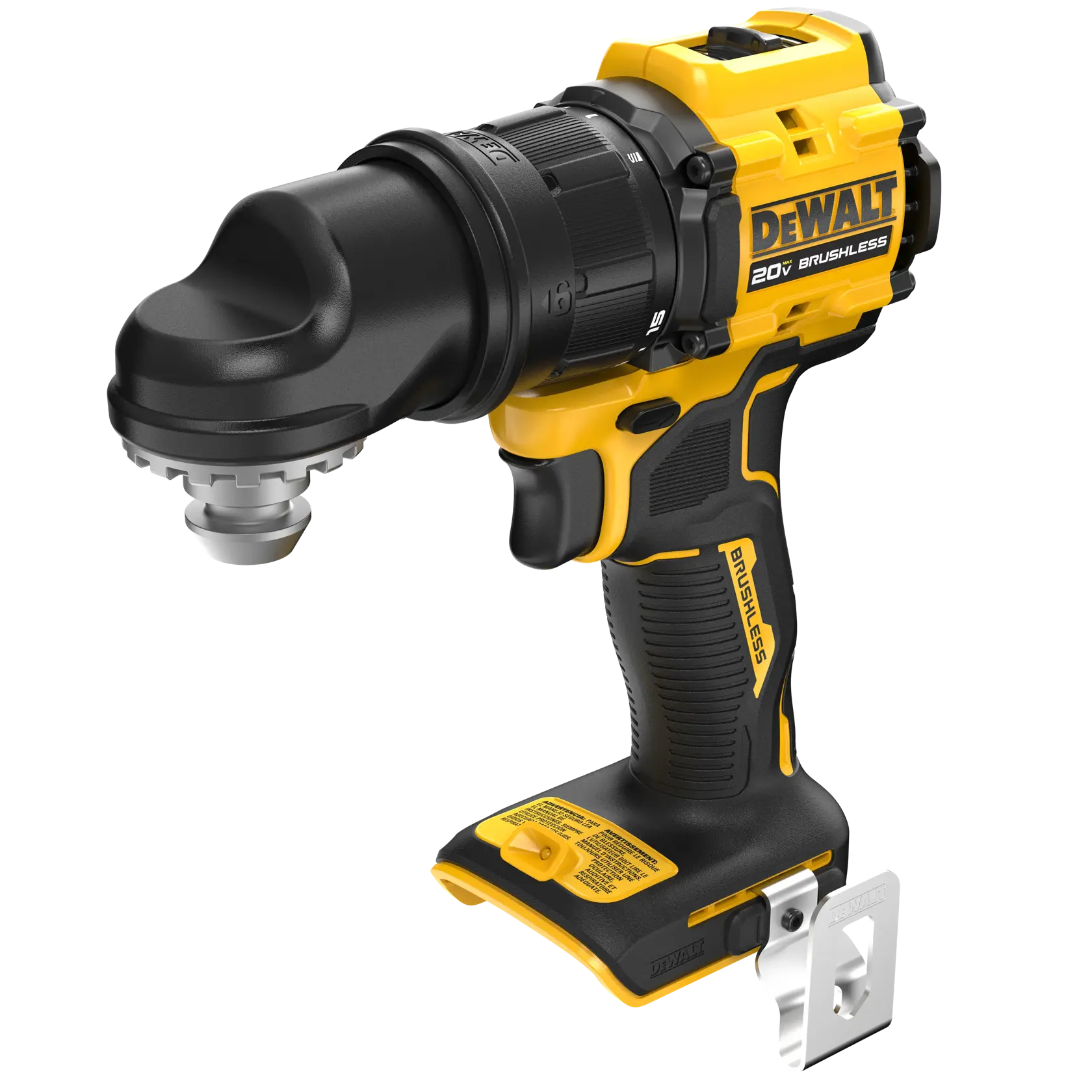 A DEWALT 20V brushless cordless drill with a specialized attachment, shown in a close-up on a white background.