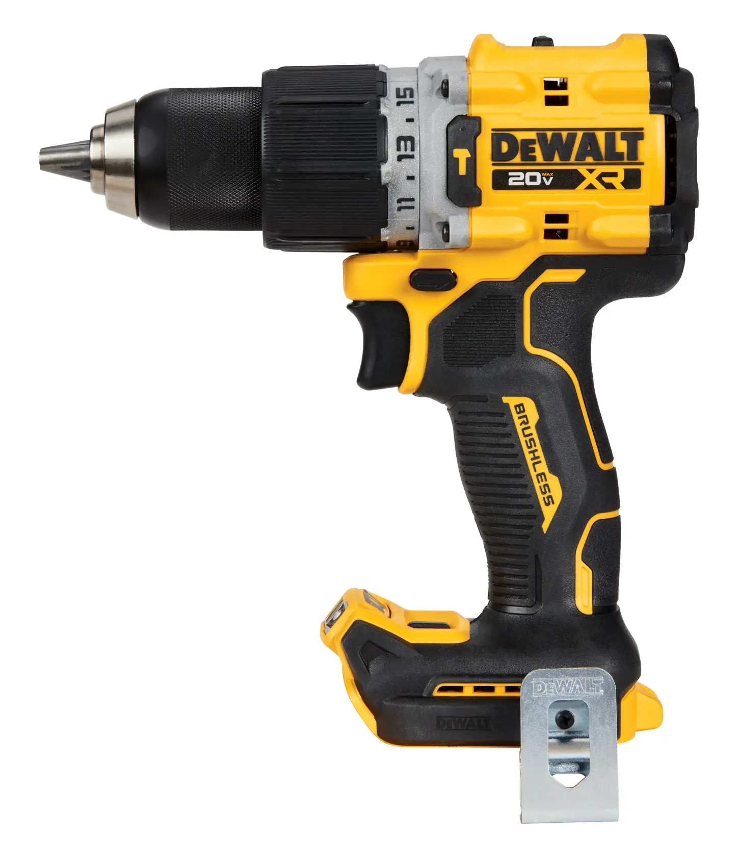 A DEWALT 20V XR cordless brushless drill, shown in a side view with yellow and black casing and metallic chuck, without battery attached.