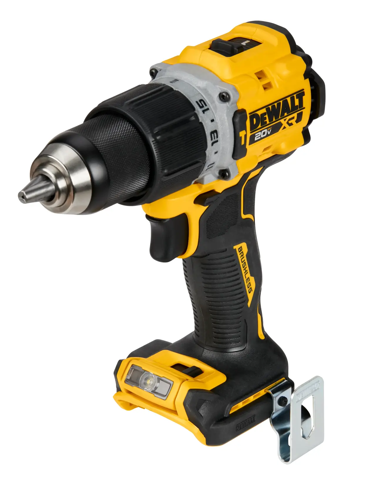A yellow and black cordless DEWALT 20V drill with a brushless motor, shown without a battery attached.