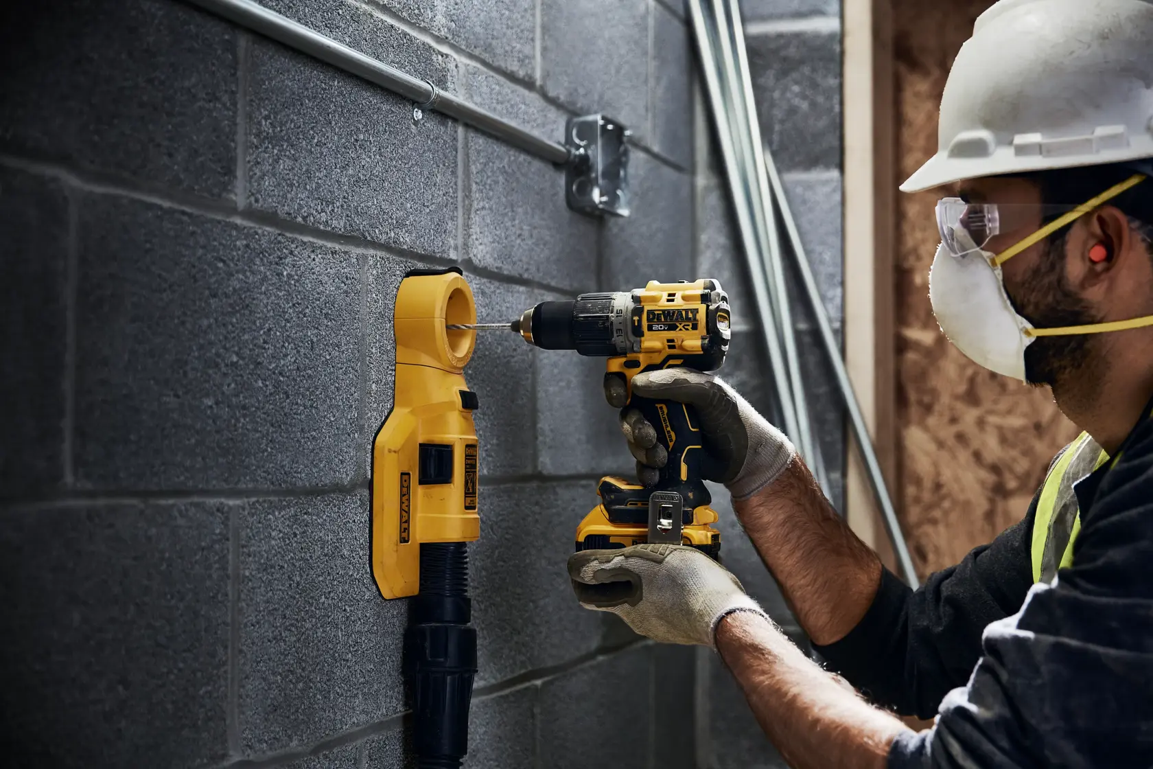 A DEWALT battery and charger are shown inside a large yellow circle with a diagonal line across them, indicating they are not included. Text below reads: 'Battery and charger sold separately.'