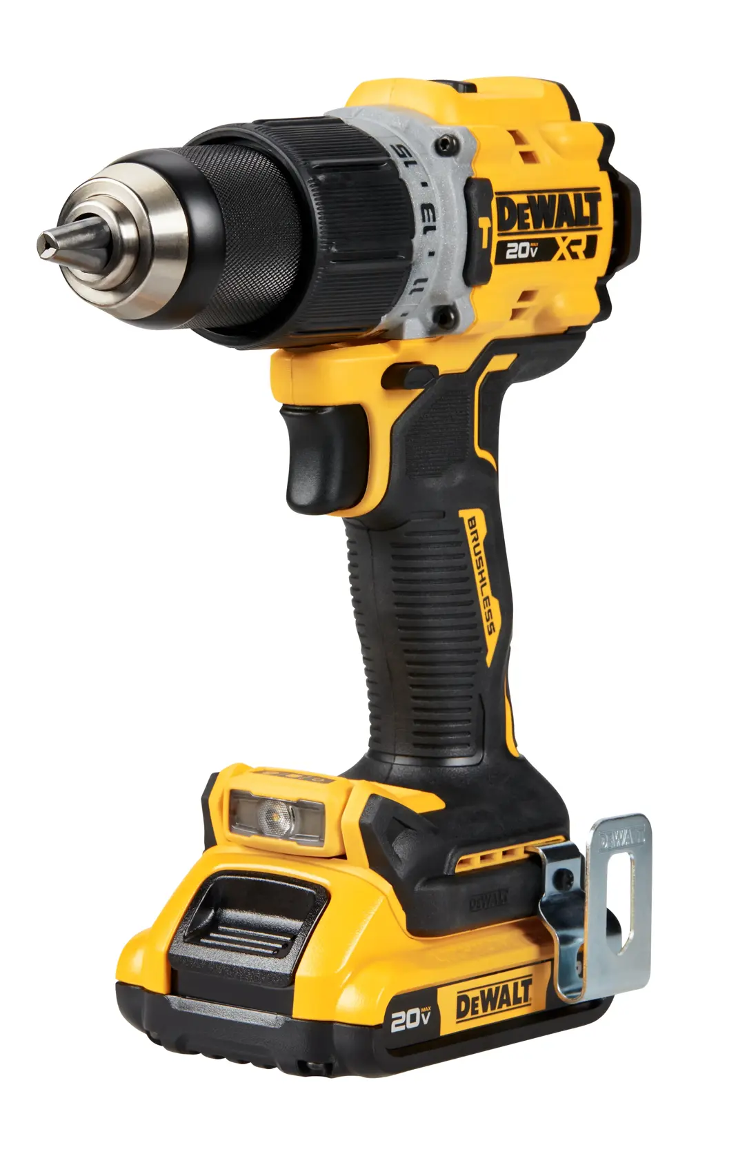 A yellow and black DEWALT 20V XR cordless drill with a brushless motor, photographed against a white background.