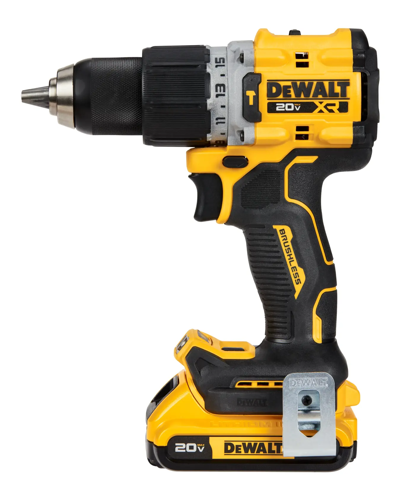 A DEWALT 20V XR brushless cordless drill with a yellow and black design, featuring a lithium-ion battery and ergonomic handle.