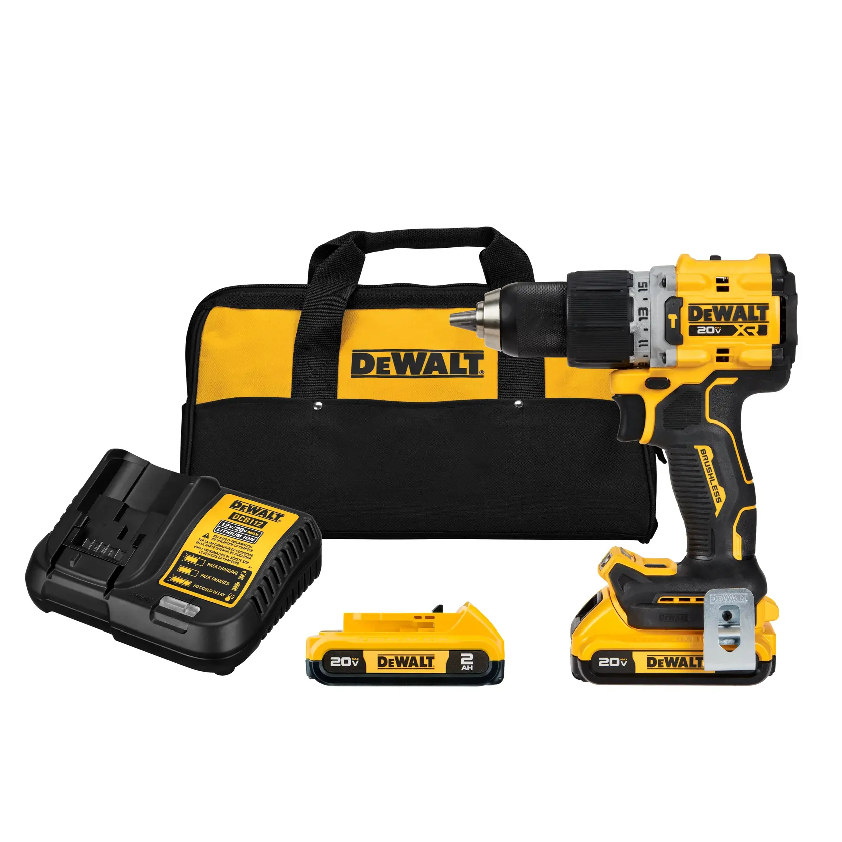 A DEWALT 20V cordless drill kit including a cordless drill, two rechargeable batteries, a battery charger, and a black and yellow carrying bag with the DEWALT logo.