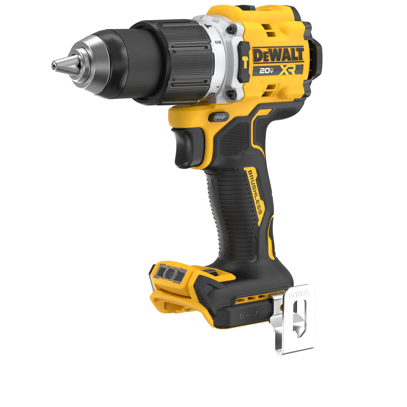 Cordless DEWALT 20V XR brushless drill driver with black and yellow body, ergonomic handle, and belt clip, viewed from the front left side.