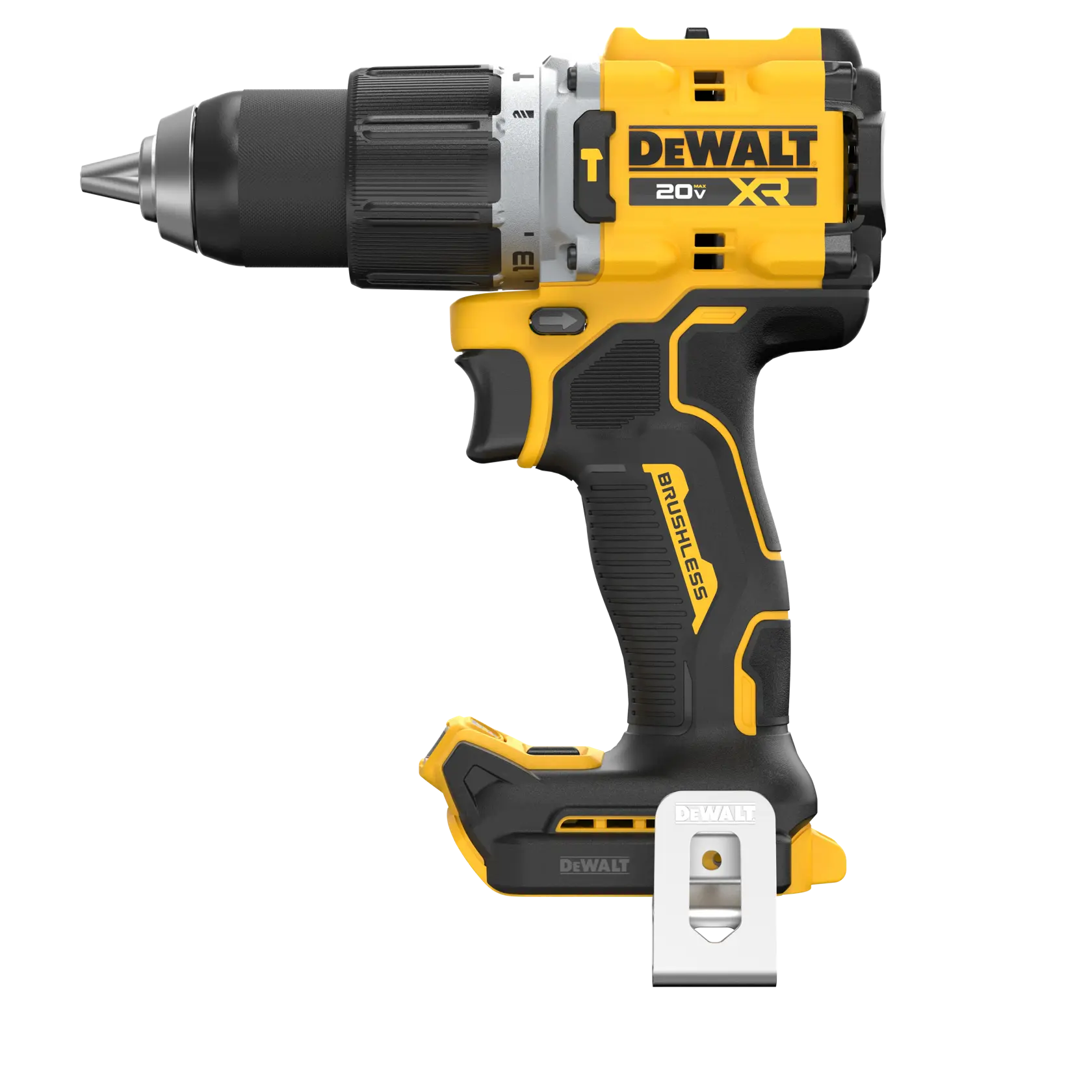 A DEWALT 20V XR cordless drill with a black and yellow design, shown from the side. The tool features brushless motor technology and a belt clip attachment.