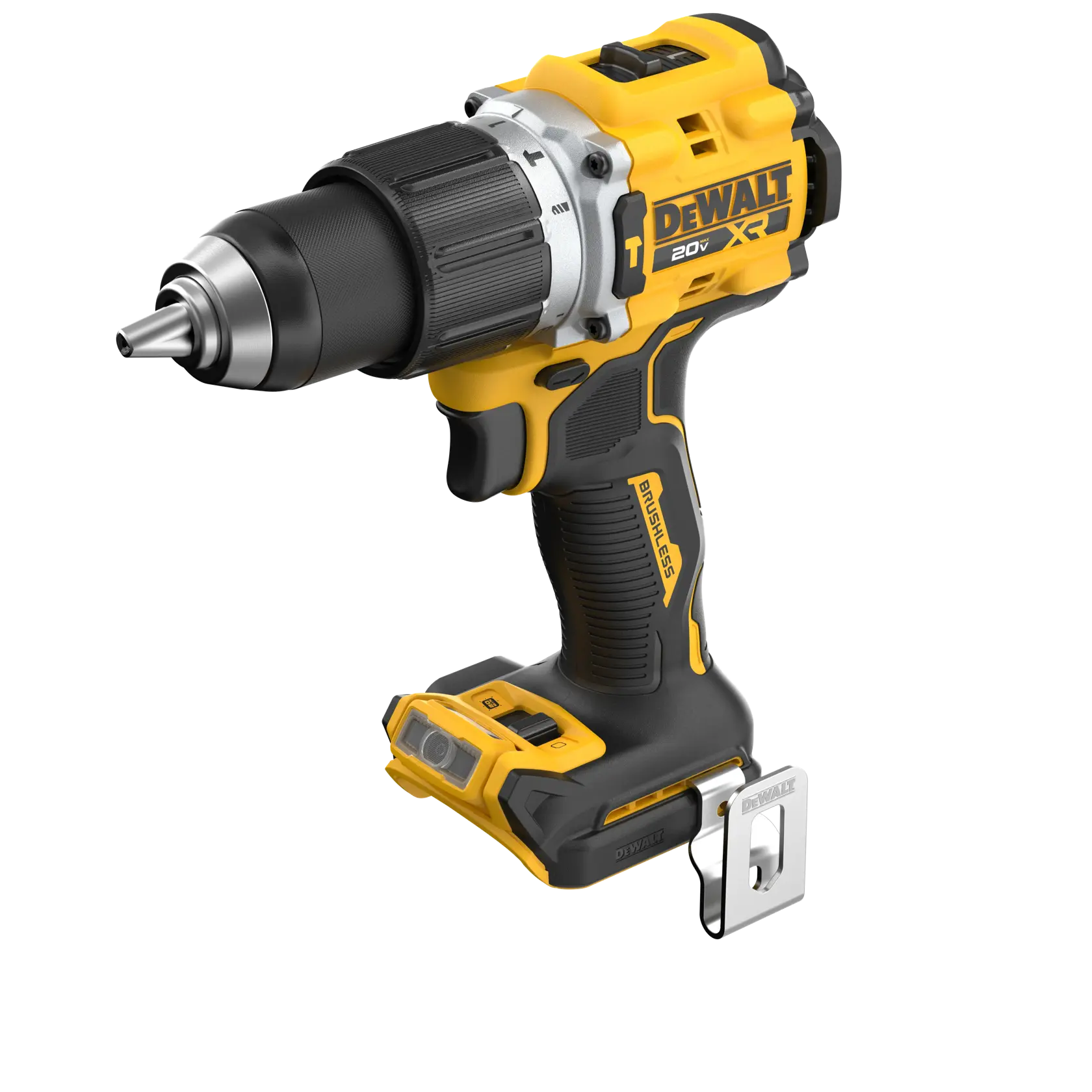 A DEWALT 20V XR cordless drill with a yellow and black design featuring a brushless motor. The drill has a metal belt clip and a textured grip handle.