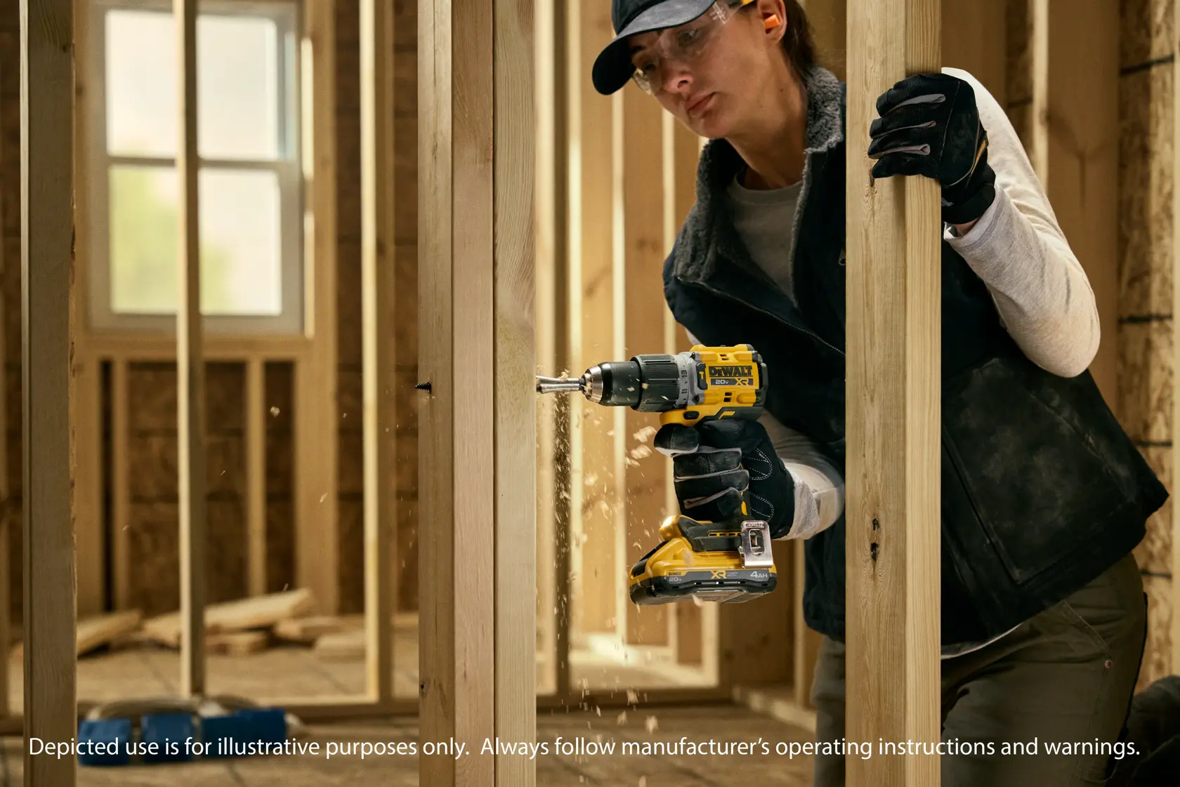 A DEWALT battery and charger are shown inside a large yellow circle with a diagonal line across them, indicating they are not included. Text below reads: 'Battery and charger sold separately.'