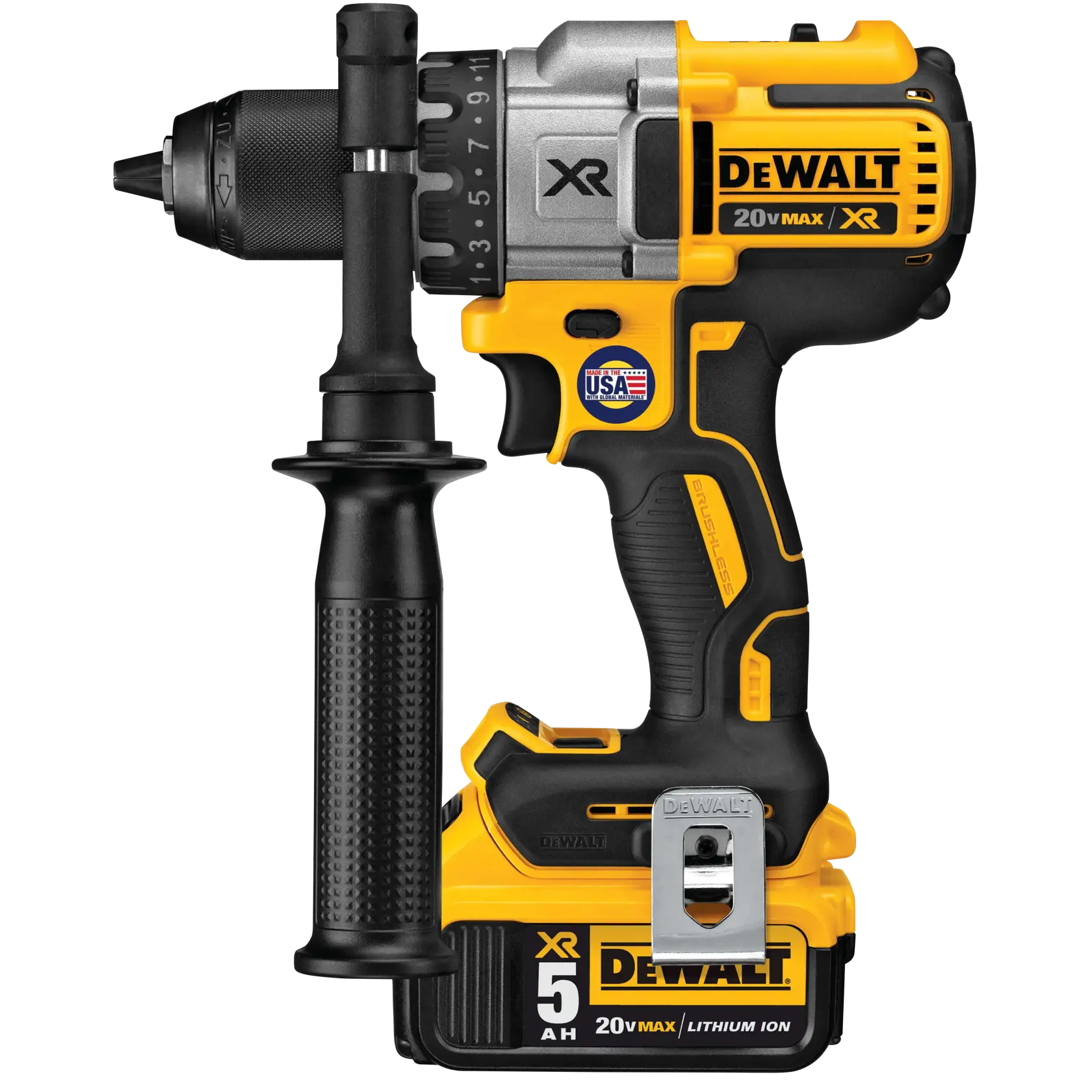 A DEWALT DCD991P2 20V Max XR cordless power drill with a side handle and a 5Ah lithium-ion battery, shown in yellow and black colors.