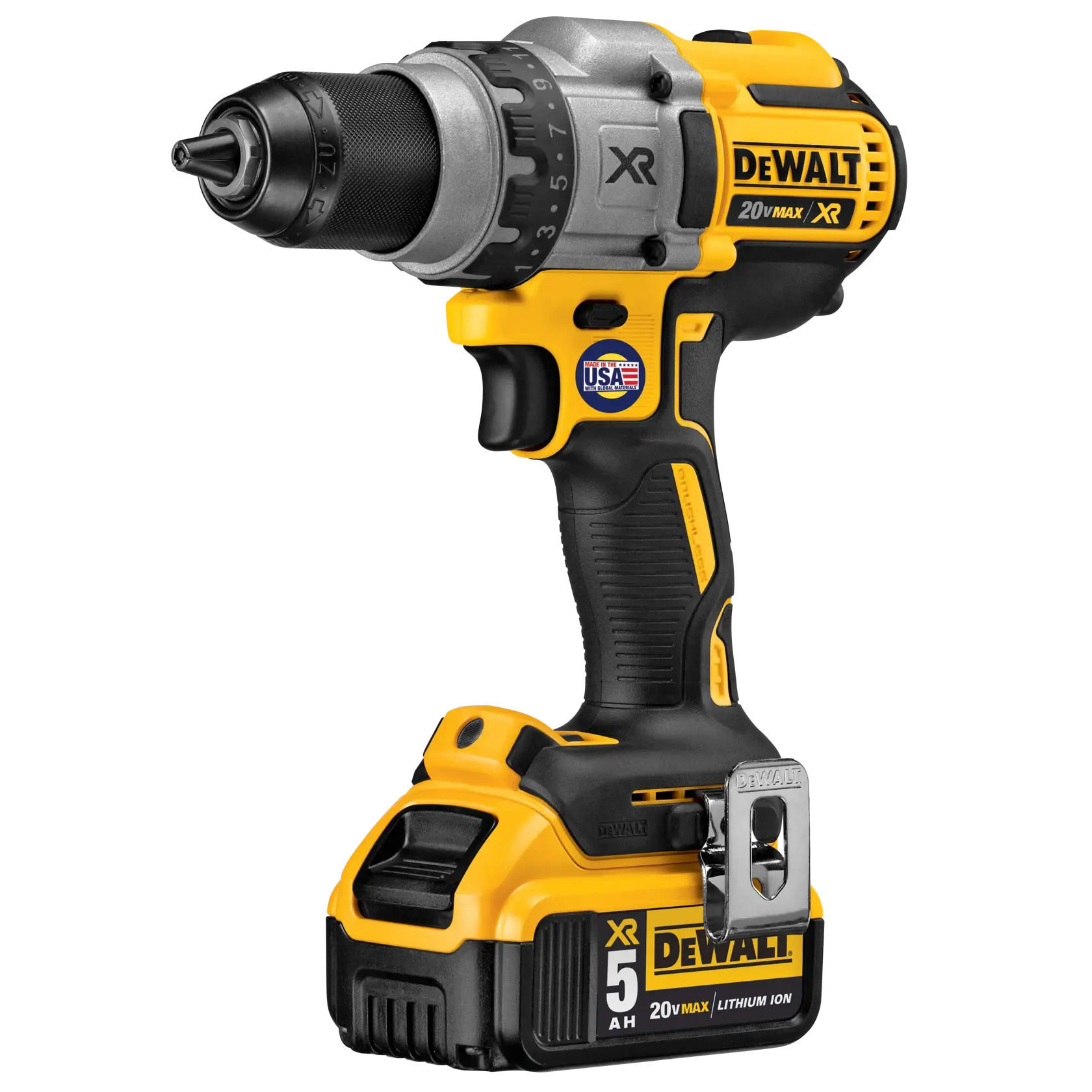 DEWALT DCD991P2 20V Max XR cordless drill kit, including a yellow and black drill, two lithium-ion batteries, charger, and black hard case. A USA flag and Made in the USA with Global Materials logo is shown in the top right corner.