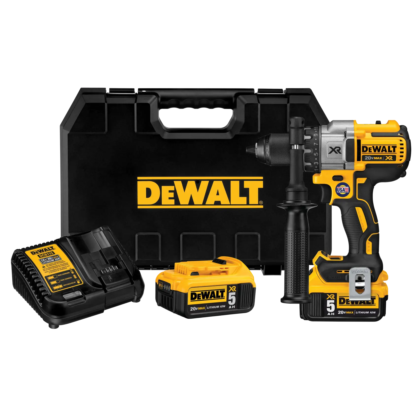 A DEWALT cordless drill kit, including a black carrying case with the DEWALT logo, a yellow and black cordless drill, two batteries, and a battery charger.