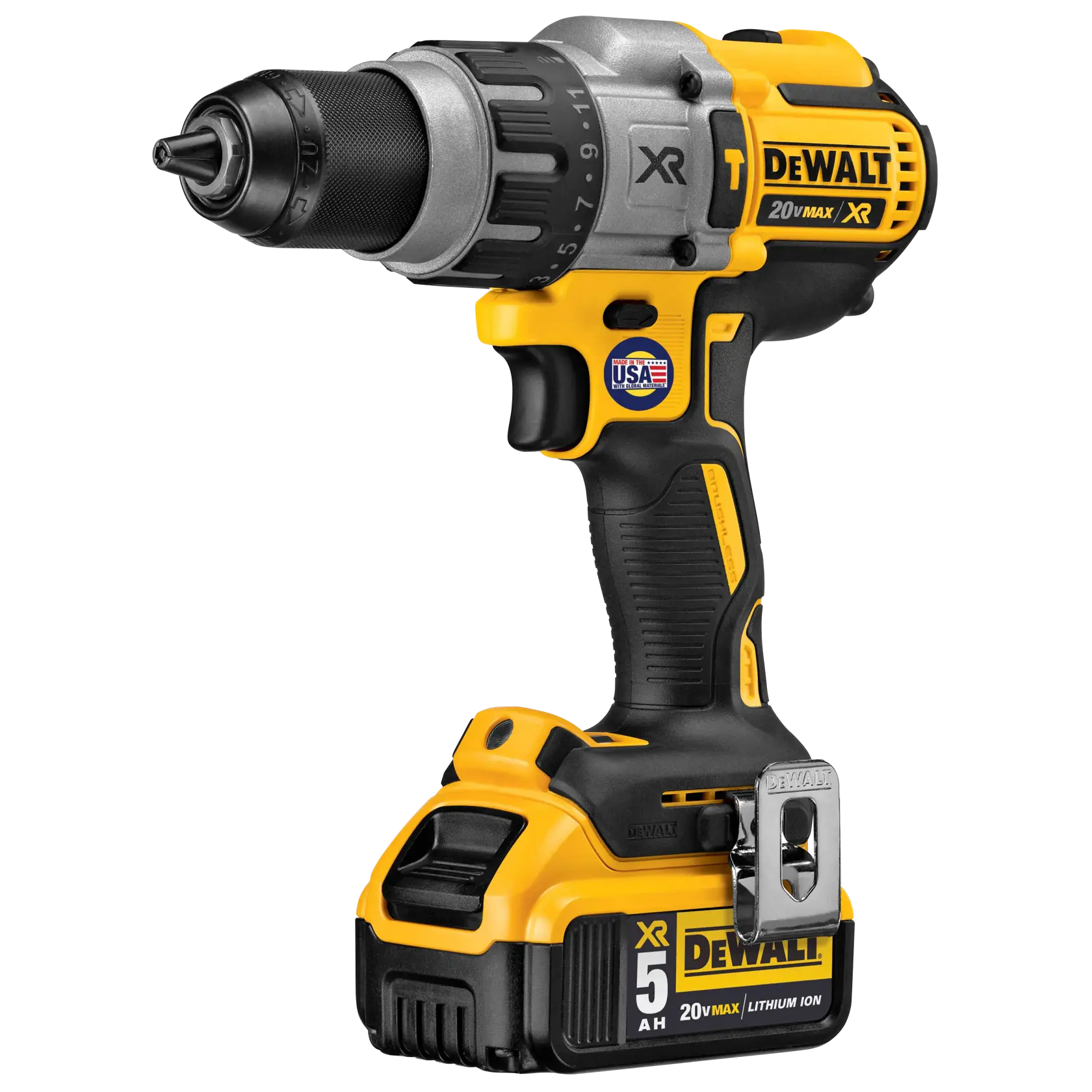 A yellow and black DEWALT cordless power drill with a 20V MAX XR lithium-ion battery, featuring a comfortable grip and compact design.