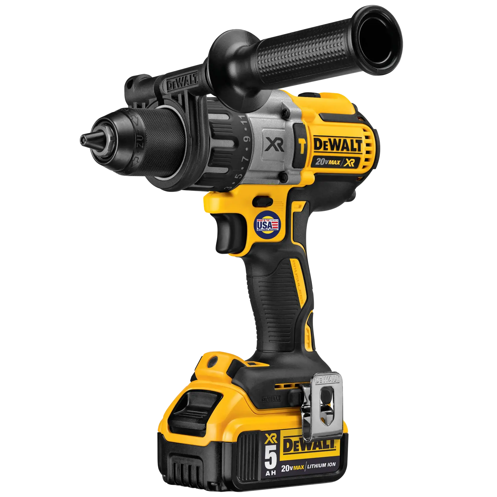 A DeWalt DCD996P2 20V Max XR cordless power drill with a side handle, yellow and black design, 5Ah lithium-ion battery, and branding labels visible.