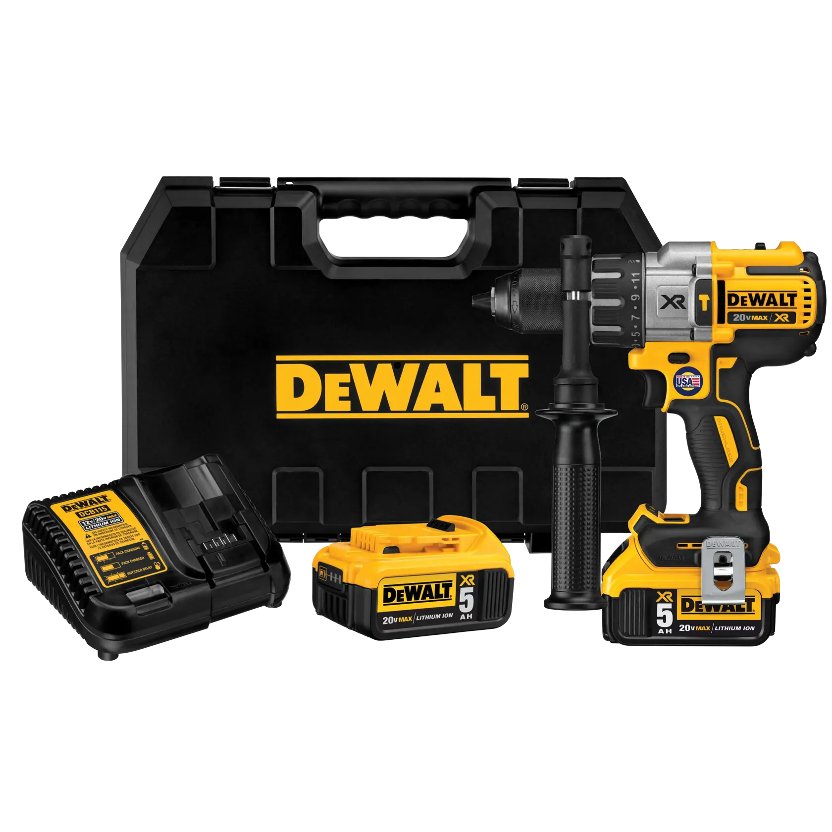 DEWALT cordless drill kit including a black carrying case, a yellow and black drill with side handle, two rechargeable batteries, and a battery charger.