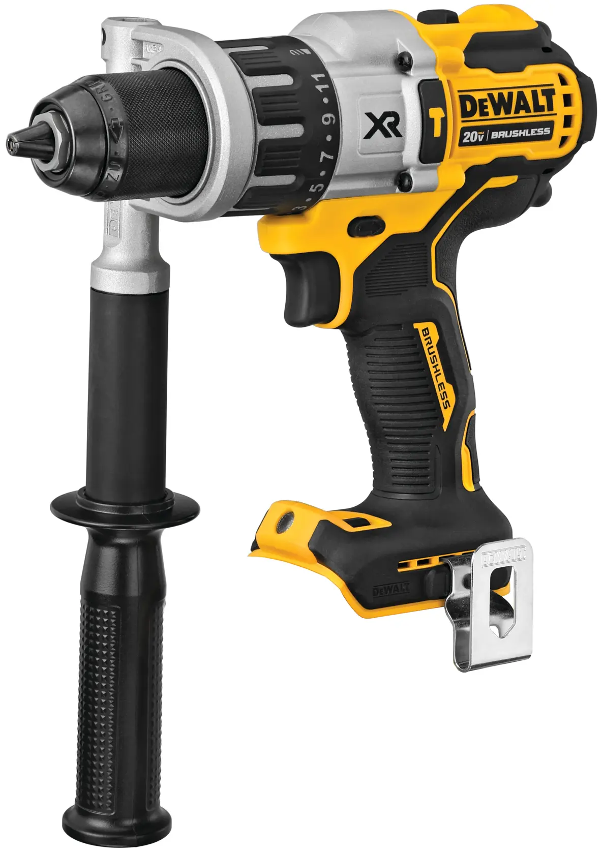 Profile of XR 1 by 2 inch brushless hammer drill driver with power detect tool technology kit.
