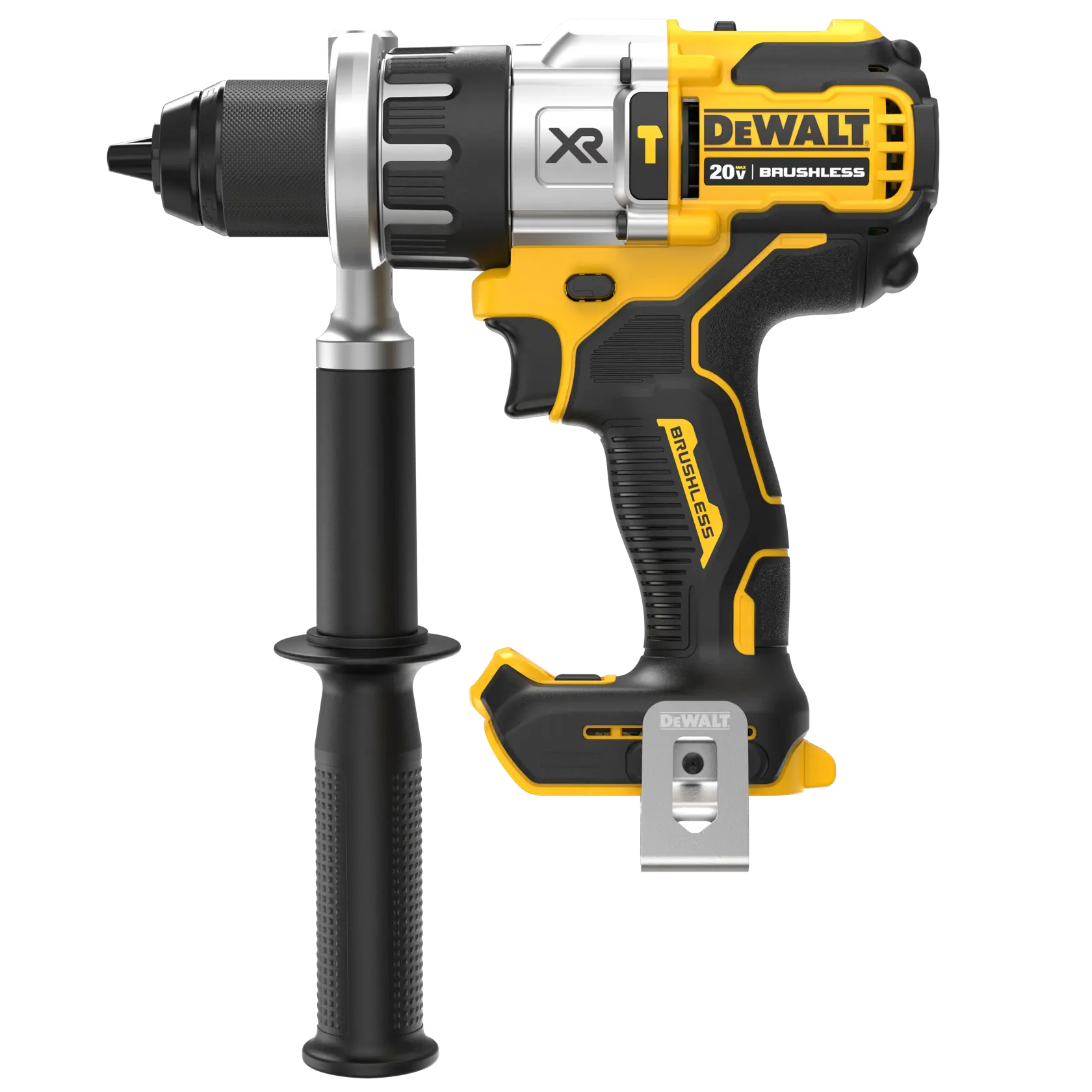 A DEWALT 20V XR brushless cordless power drill with a side handle attachment is shown. The tool is predominantly yellow and black with silver accents and features branding and labeling on the body.