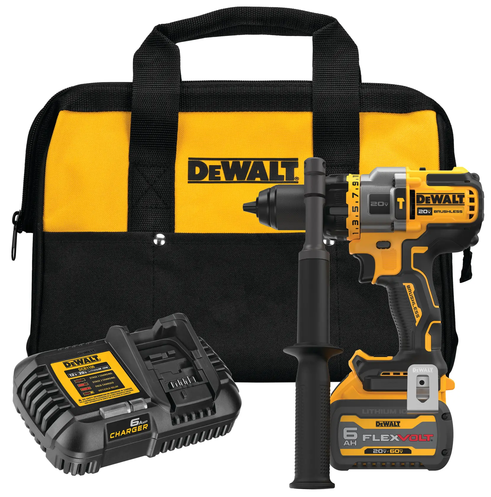 A DEWALT DCD999T1 power tool kit, including a yellow and black carrying bag, a 20V brushless cordless drill with attached battery and side handle, and a battery charger, all branded with DEWALT logos.