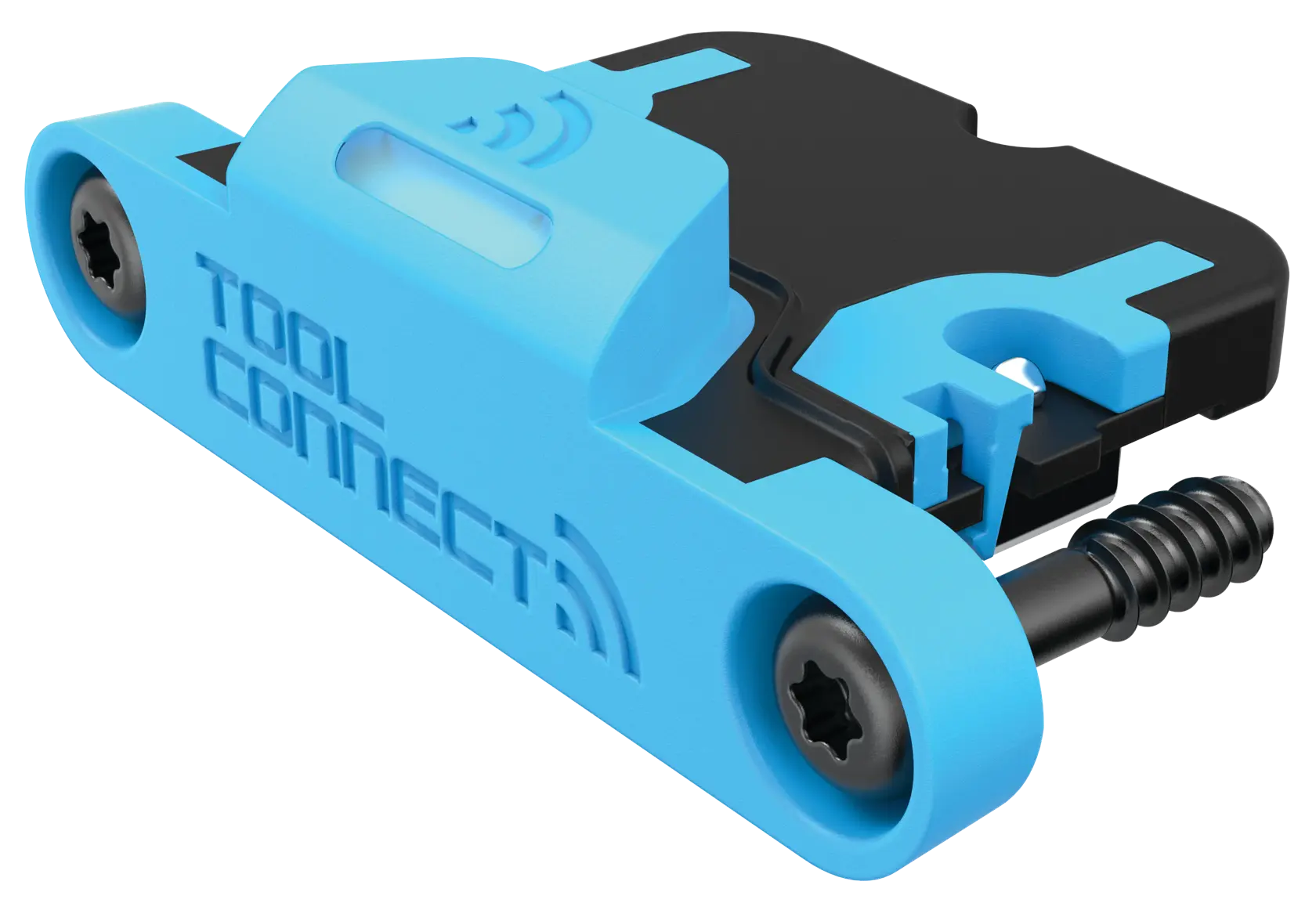 Close-up image of a DEWALT Tool Connect Bluetooth Tag, SKU DCE042-25. The tag is blue and black, featuring the TOOL CONNECT logo and wireless signal symbol embossed on it, used for tracking tools and equipment.