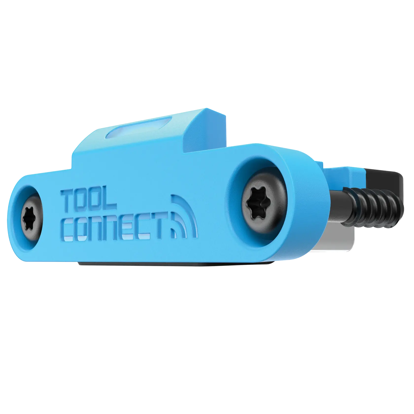 A DEWALT Tool Connect device in blue, used for tracking and connecting power tools, shown with two screw holes and a wireless signal icon.