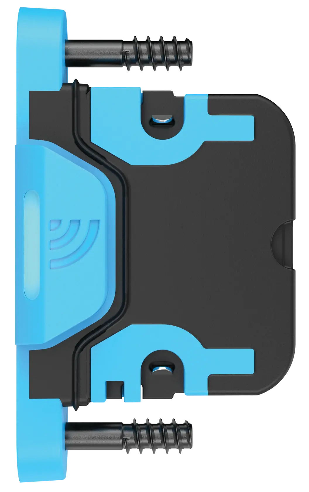 A close-up image of a DEWALT DCE042 photography accessory, featuring a black and blue rectangular device with two visible screws and a wireless connectivity symbol on its front.