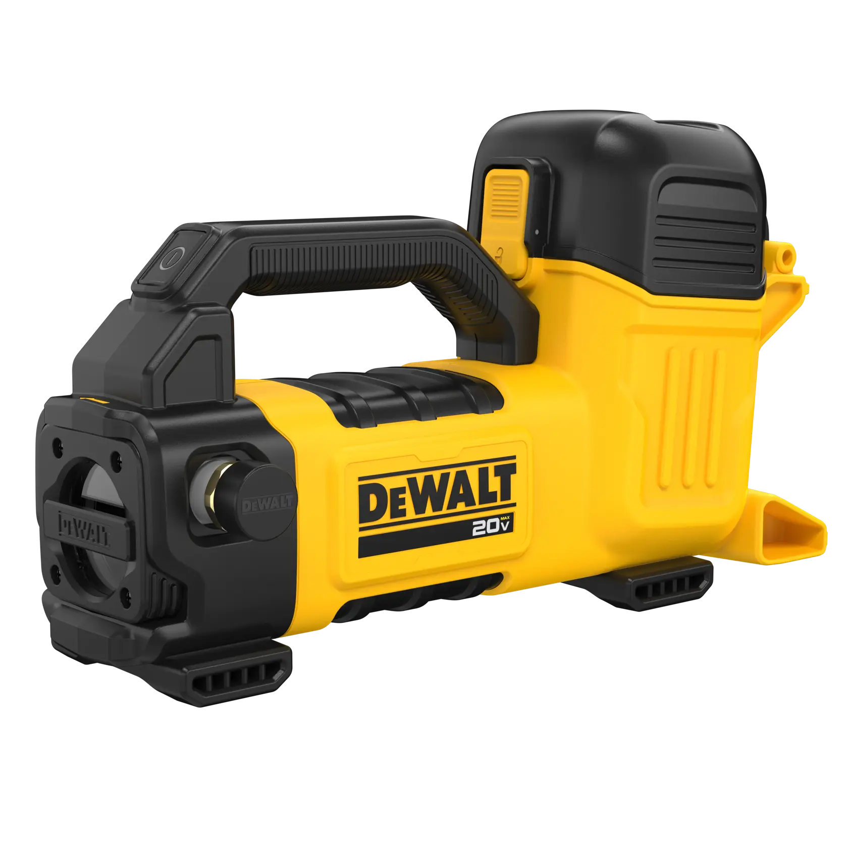 A portable DEWALT 20V yellow and black air inflator tool with a handle and digital controls, designed for inflating tires and other inflatables.