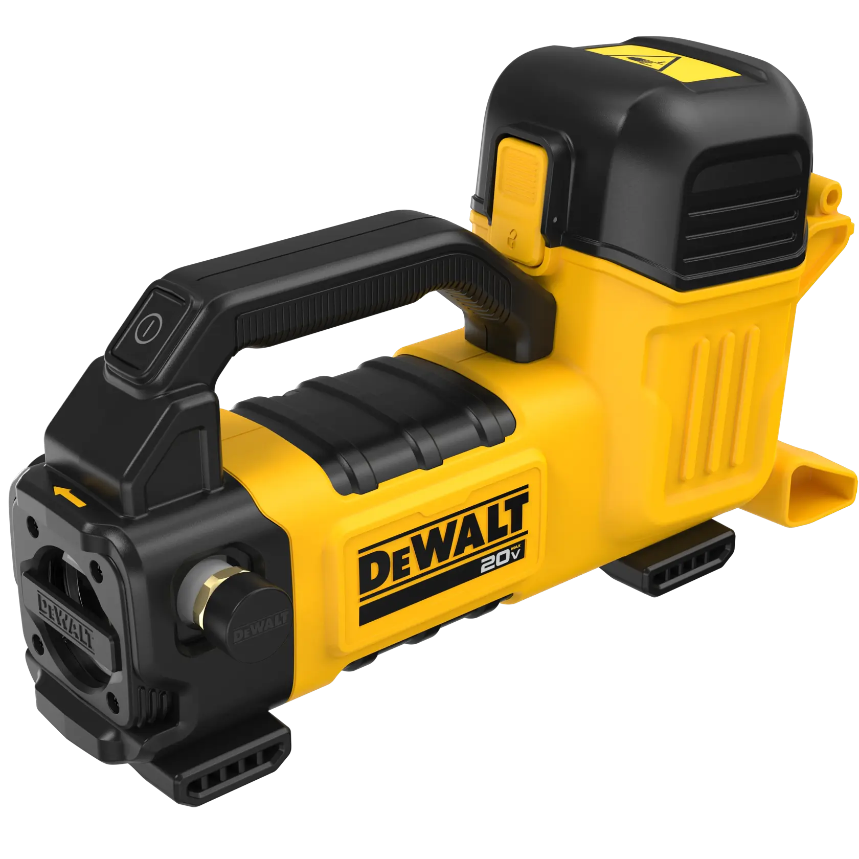 A yellow and black portable DEWALT 20V cordless air inflator with a handle and control buttons, designed for inflating tires and other items.