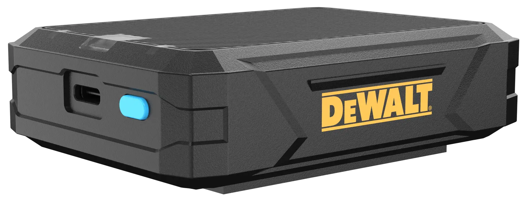 A rectangular black DEWALT device with a ribbed top, a yellow DEWALT logo on the side, and a blue button next to a USB port.