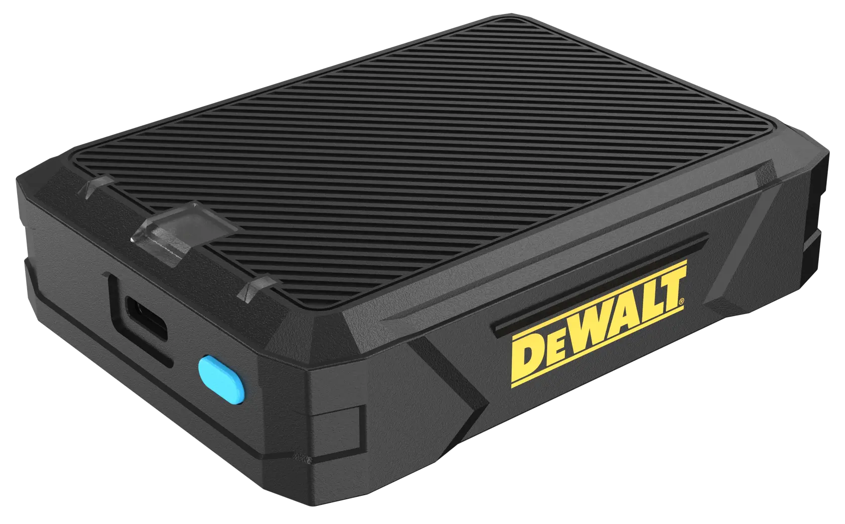 A black rectangular DEWALT device with a textured surface, showing a blue button and a USB port on the side. The DEWALT logo is printed in yellow on the front.