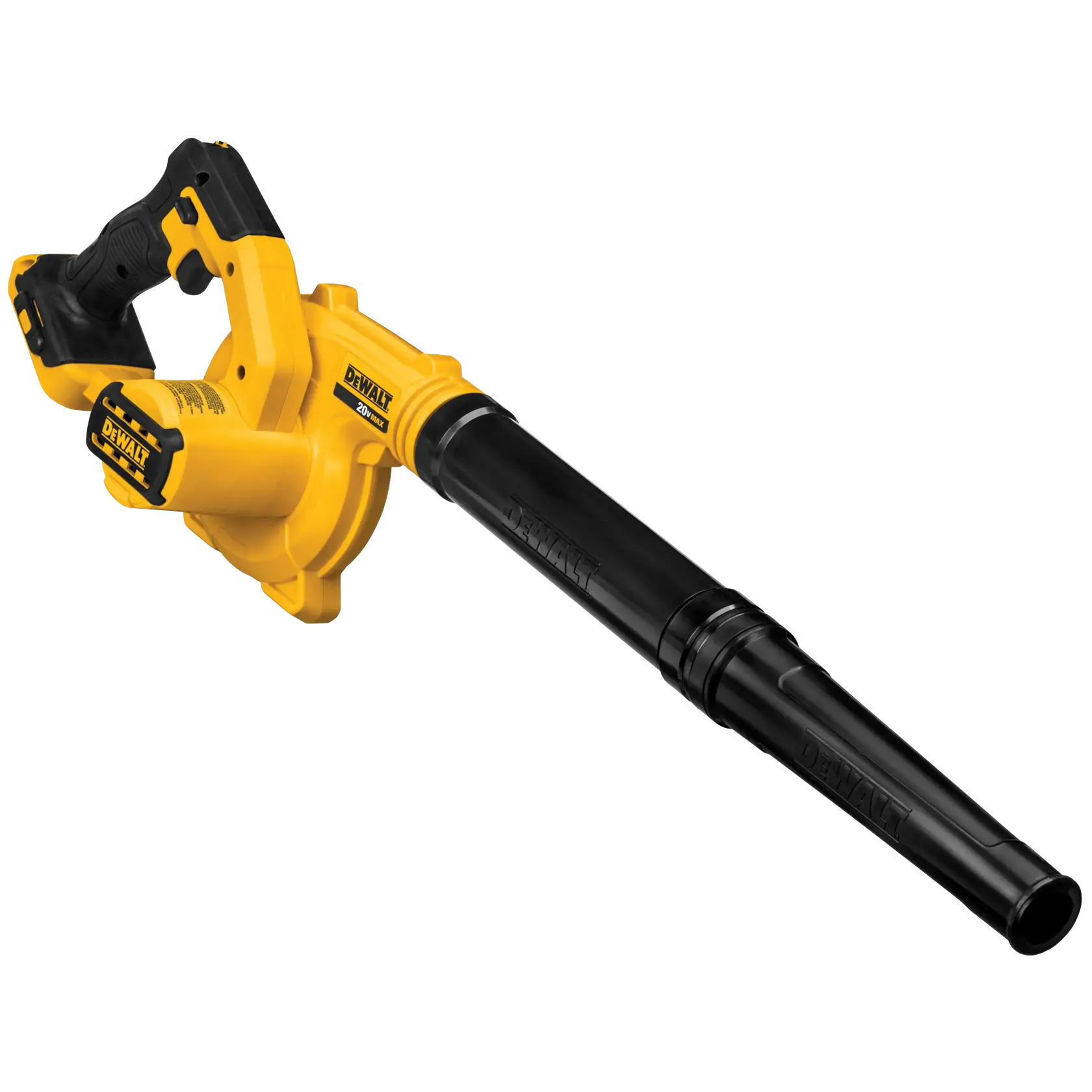 A DEWALT cordless blower featuring a yellow and black design, shown on a white background.