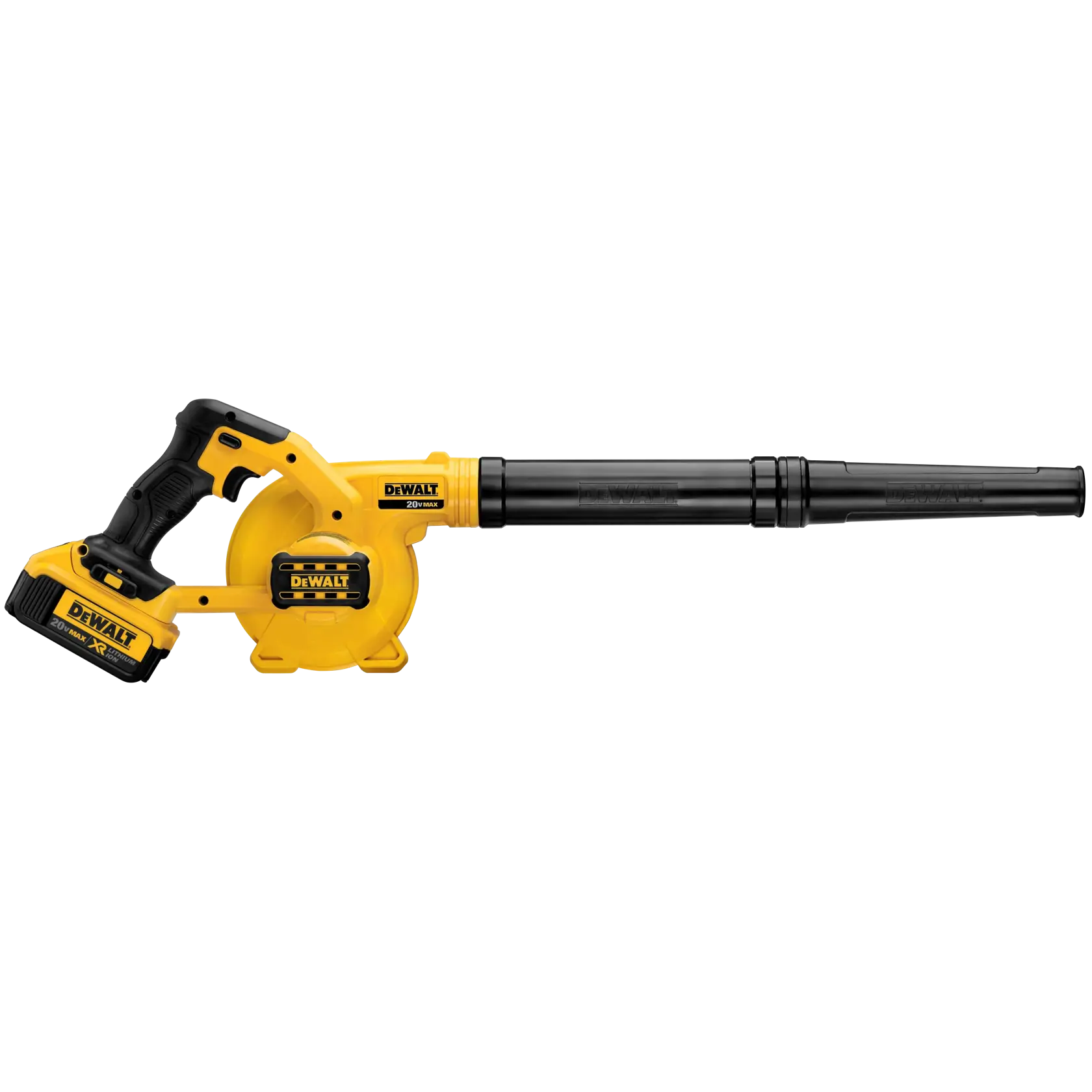 A yellow and black DEWALT cordless handheld blower with a long black nozzle and battery pack attached, designed for cleaning or blowing debris.