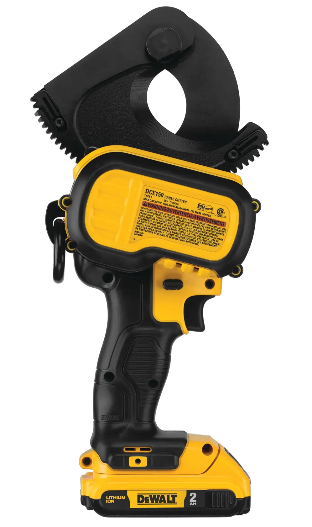 A DEWALT DCE150D1 cordless cable cutter tool with a yellow and black design, featuring a lithium-ion battery at the base and a large cutting head for industrial cable cutting.