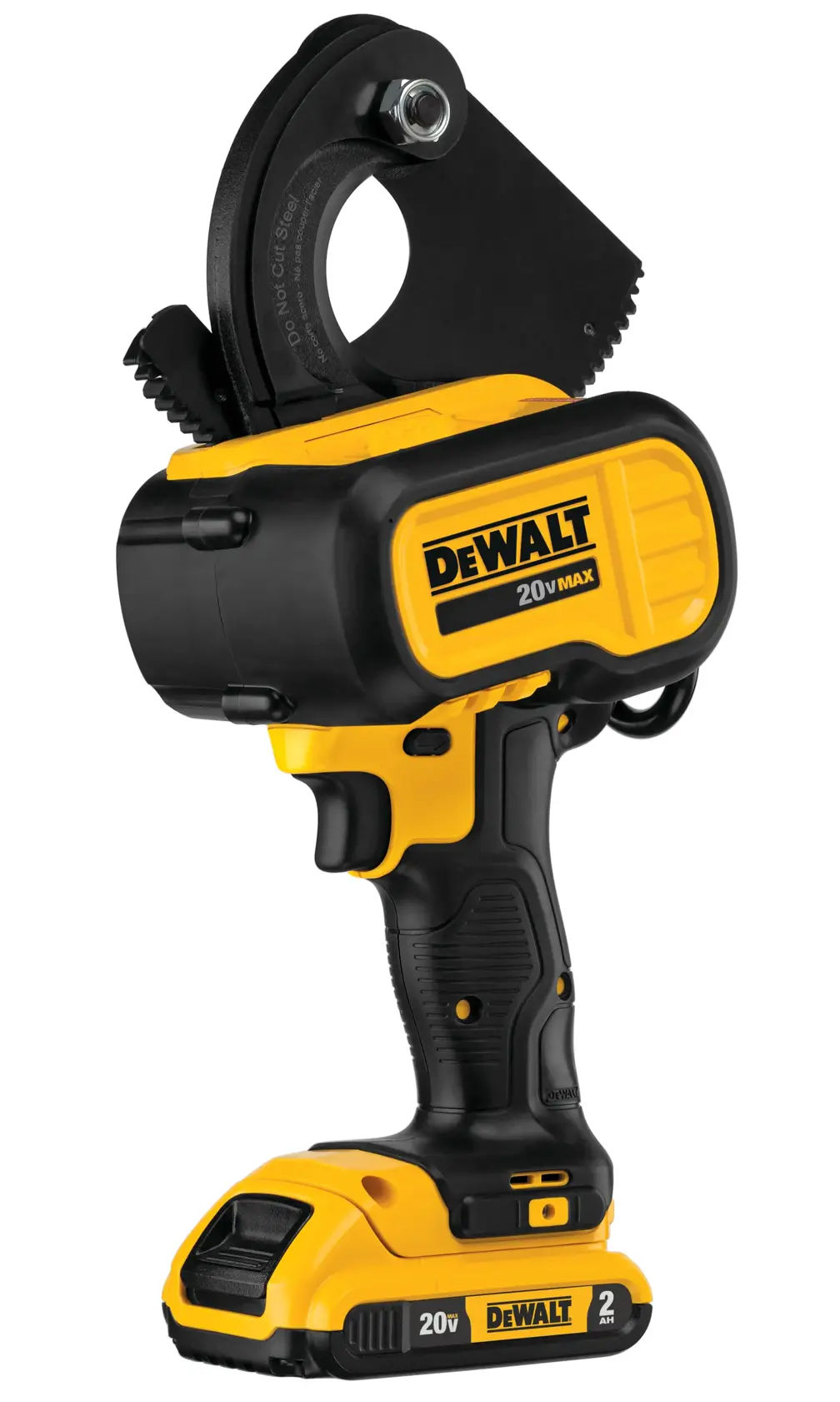 A DEWALT 20V MAX cordless cable cutter with a yellow and black design, featuring a large cutting head and ergonomic handle, used for cutting thick cables.