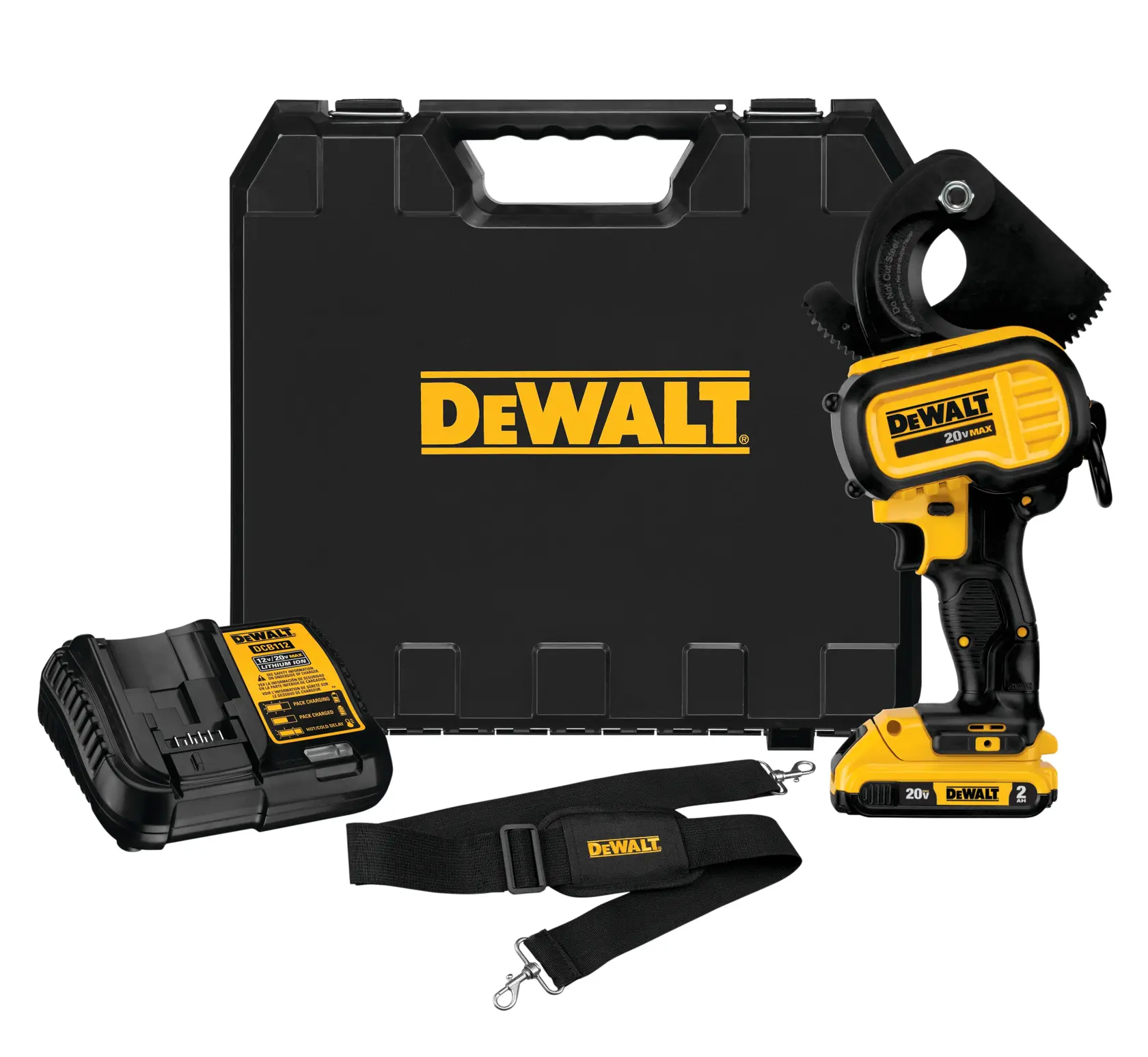 A DEWALT 20V MAX battery-powered cable cutter tool in yellow and black, designed for cutting thick cables, with a large cutting head and ergonomic handle.