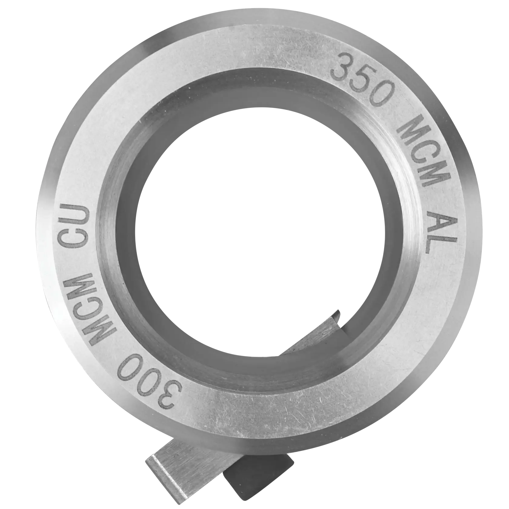 A close-up image of a metal cutting die, circular in shape, with engraved markings showing '300 MCM CU' and '350 MCM AL'. The die appears to be used for crimping or cutting electrical cable.
