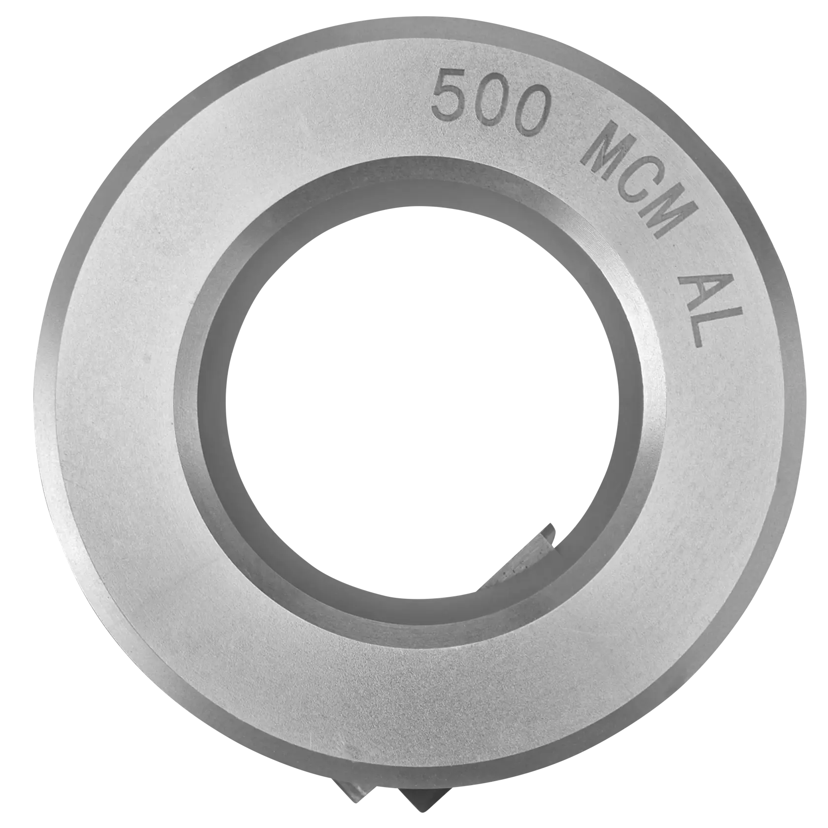 A round metal die with an inner cutout, engraved with '500 MCM AL', typically used for cable cutting or crimping in electrical work.