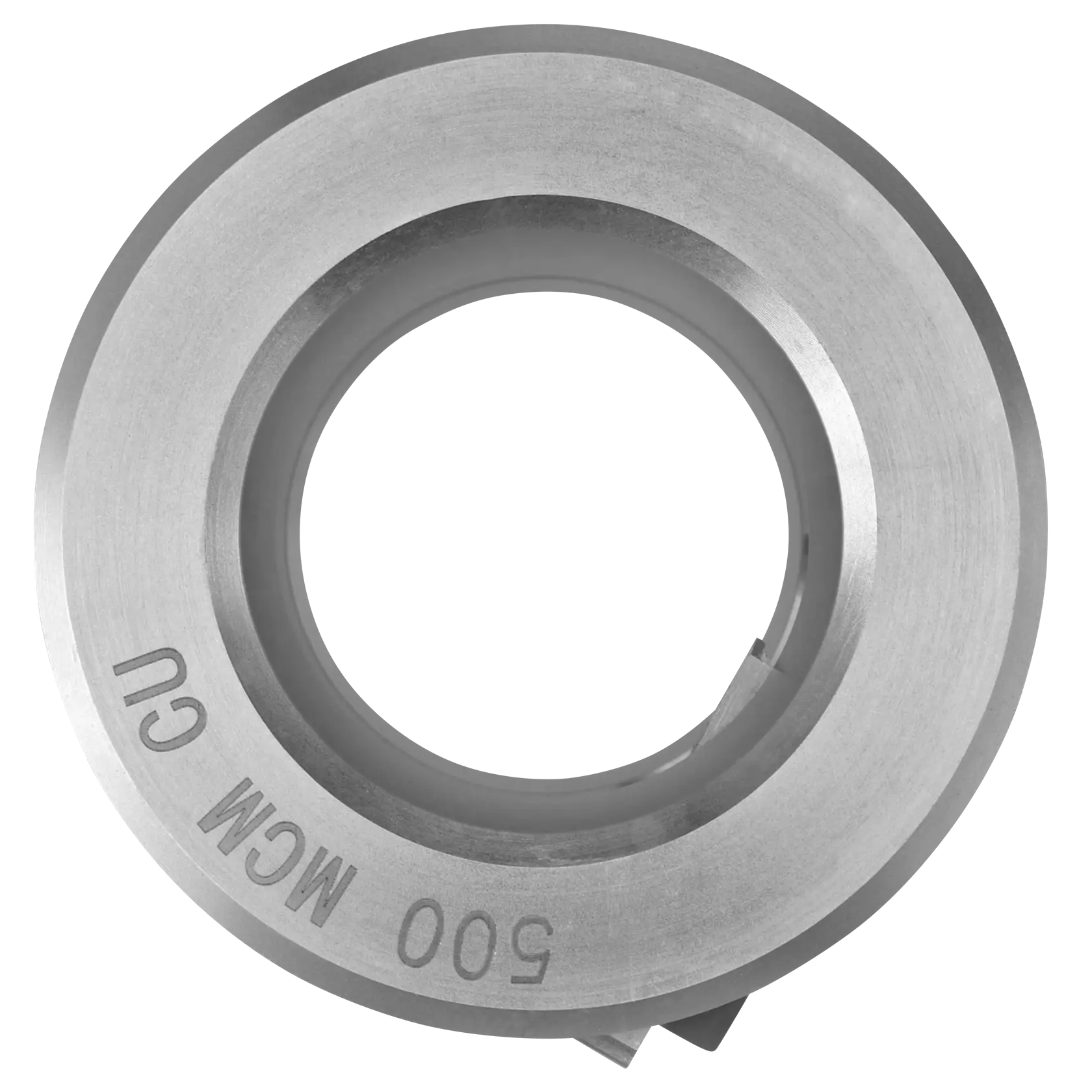 Close-up view of a circular metallic component with engraved markings '500 MCM CU' on its surface.