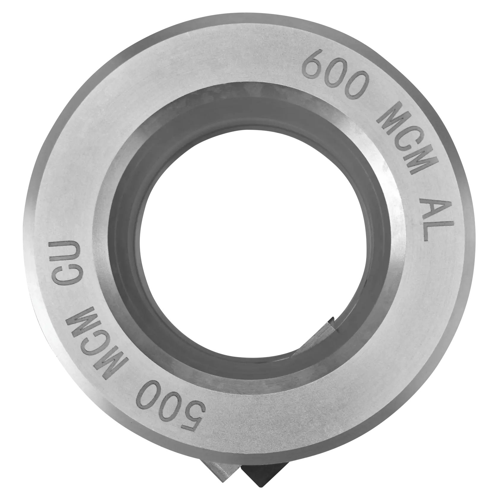 A circular metal die with engraved text '600 MCM AL' and '500 MCM CU', used for crimping or cutting cables.