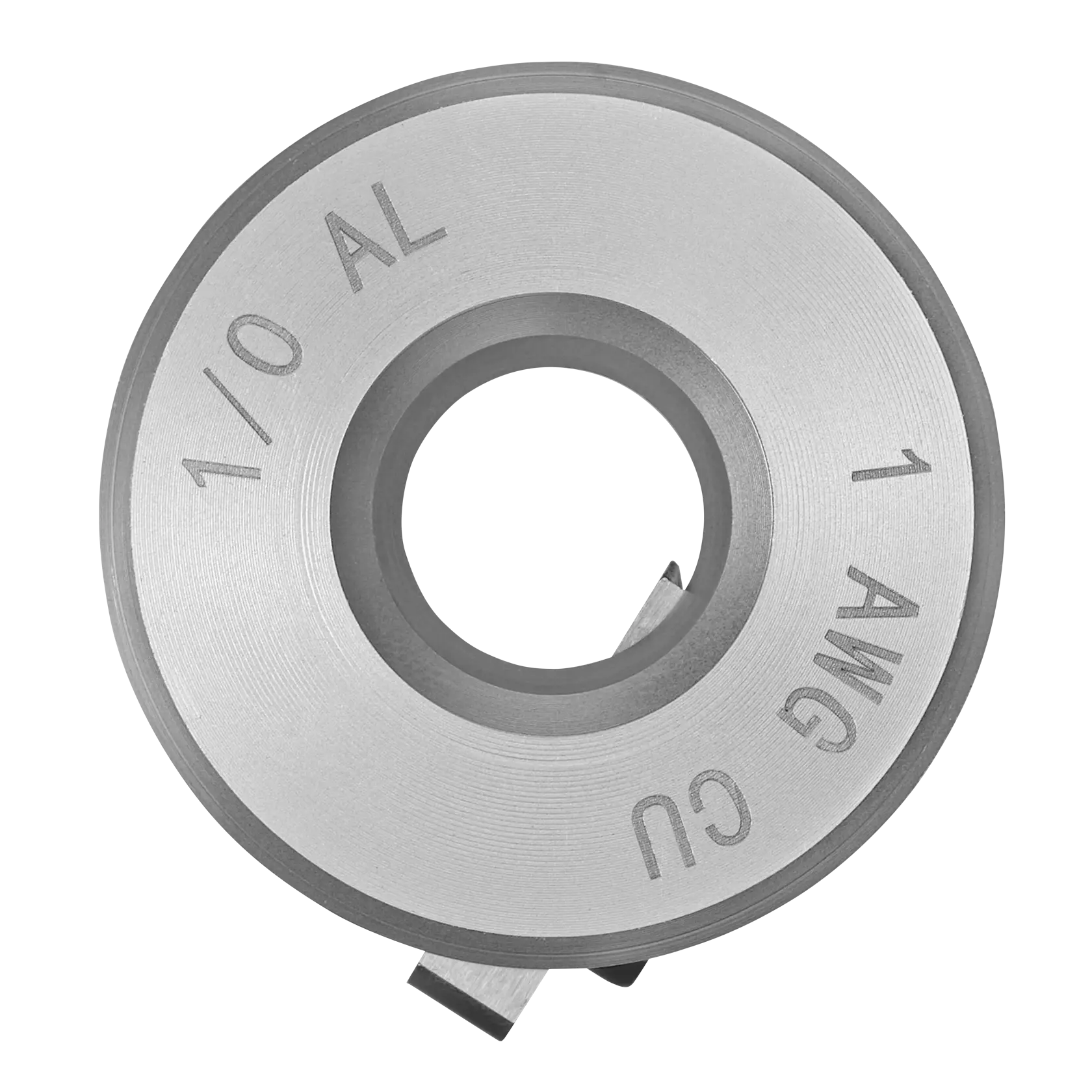 A close-up of a round metal DEWALT wire stripper die with engraved text indicating wire gauge sizes: '1/0 AL', '1 AWG CU'. The die has a central hole and a cutting element.