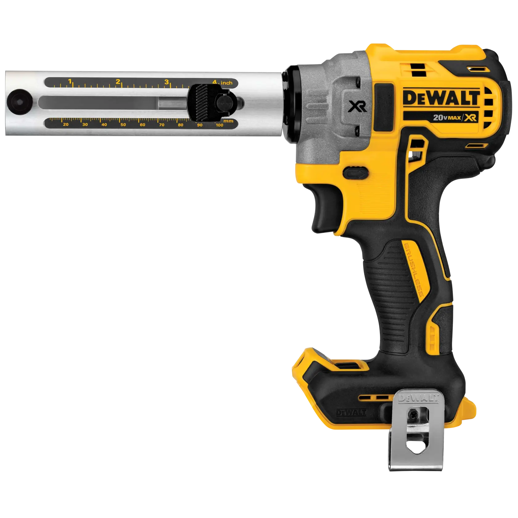 A DEWALT 20V MAX XR cordless cable stapler tool with a measurement guide on the front barrel, featuring a yellow and black ergonomic handle and metal belt clip.