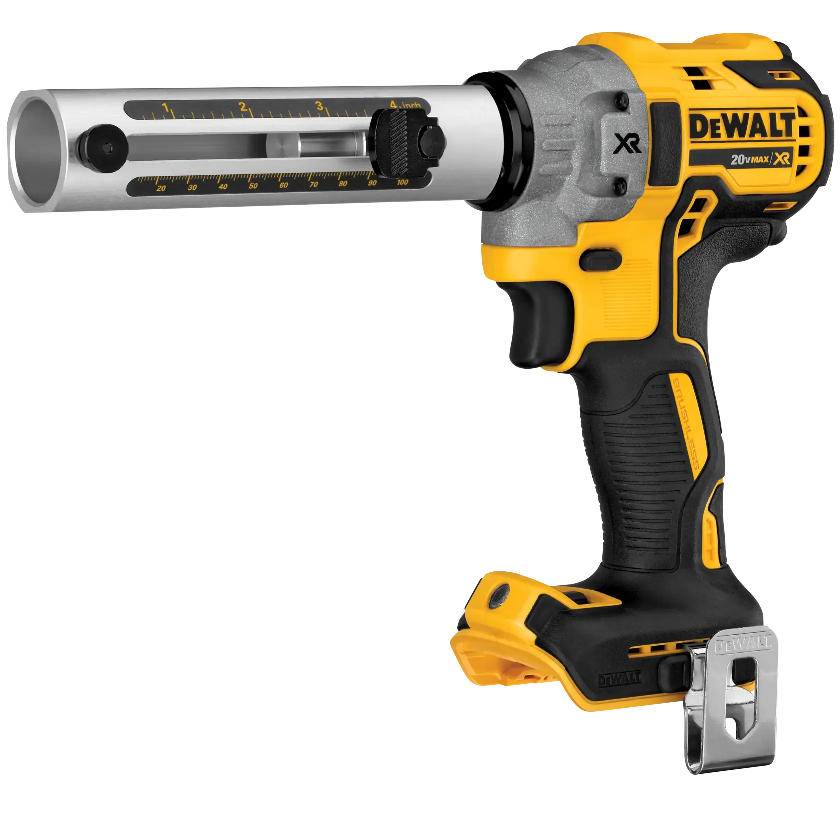 A DEWALT cordless cable stripper tool with a yellow and black handle, featuring a metal stripping tube marked with measurements and adjustment knobs.